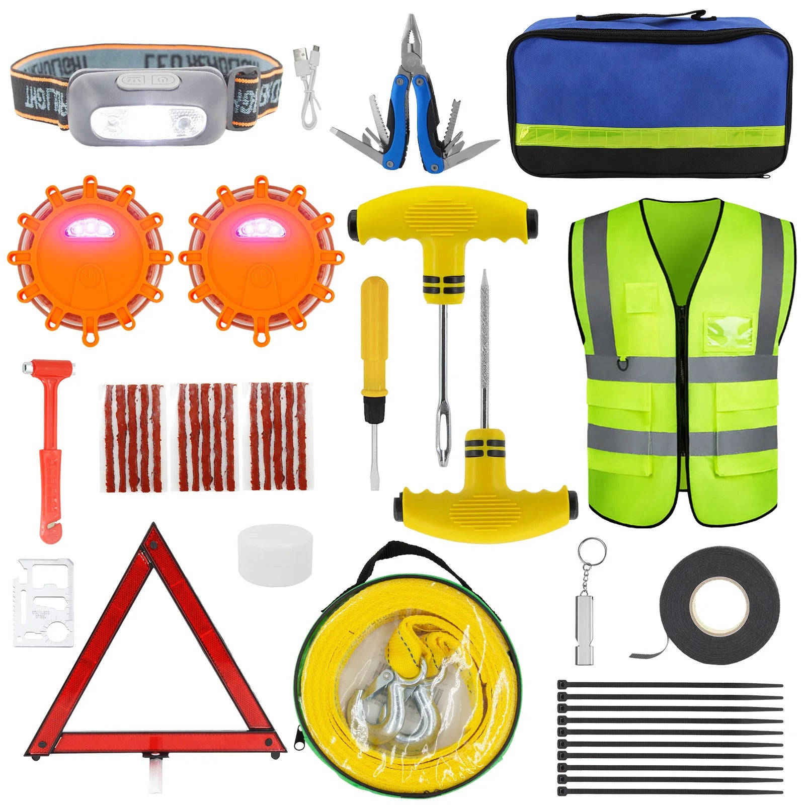 Car Emergency Roadside Assistance Kit Jumper Cable Tow Strap First Aid Supplies Multipurpose Pack Motorist Self-Defense Tool