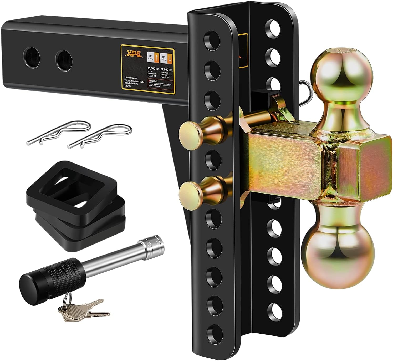 Adjustable Trailer Hitch Fits 2.5 Inch Receiver 8 Inch Drop Rise | Heavy Duty 22000 LBS GTW Towing Hitch with Solid Ball Mount | Black