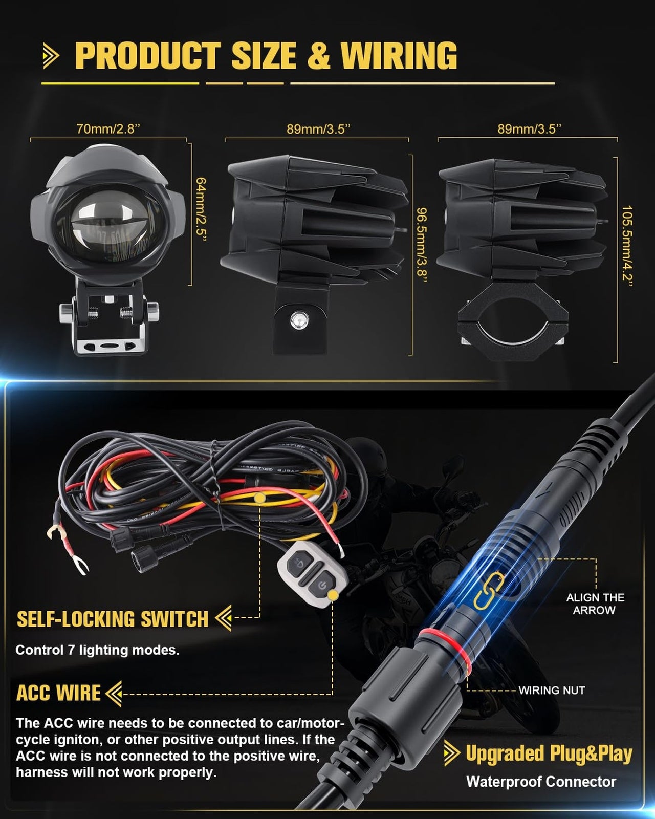 LED Motorcycle Fog Lights 60W 18000LM Driving Auxiliary Lights 7 Modes Amber ...