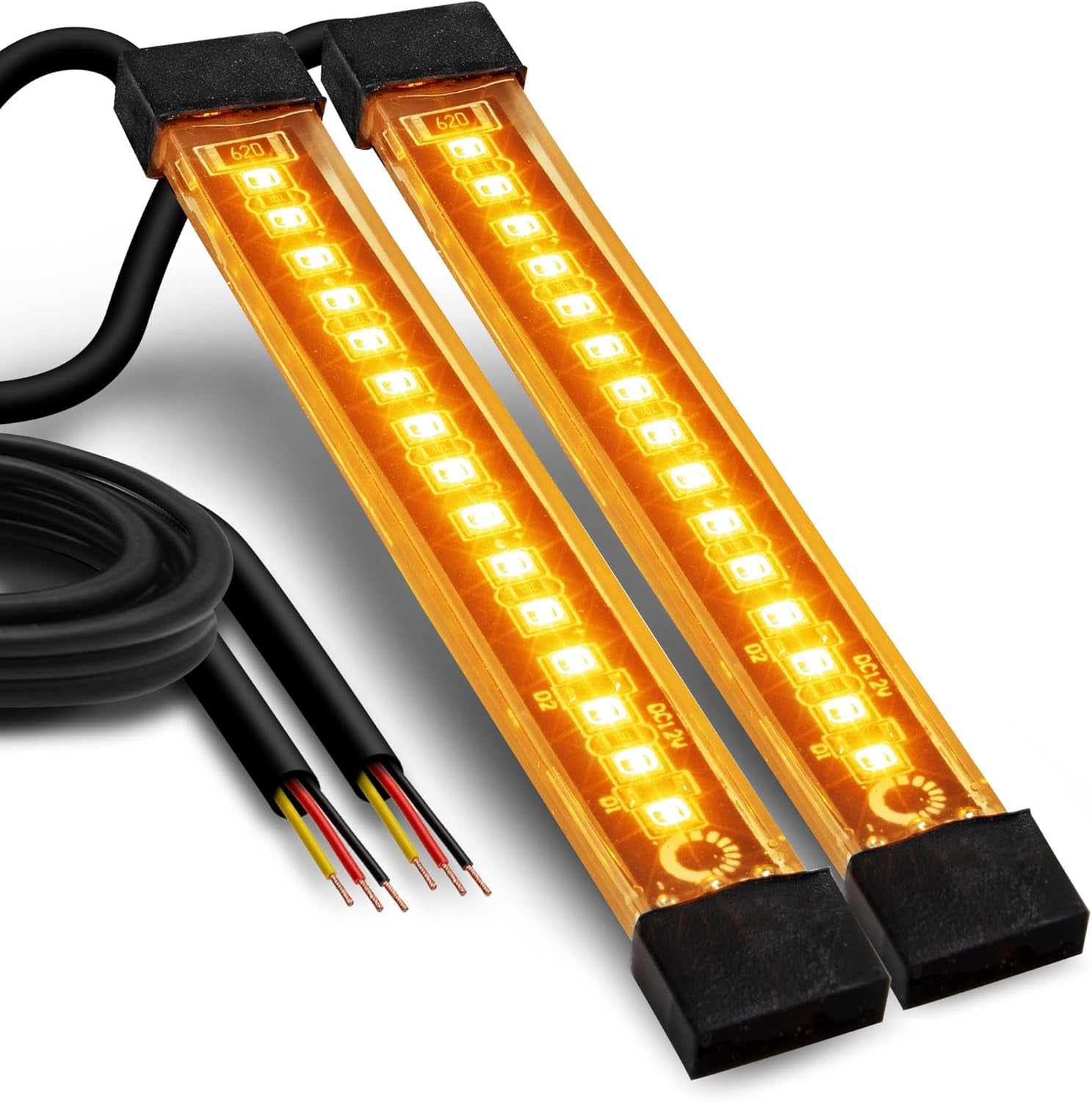 True Mods 2Pc 5" Amber LED Motorcycle Running & Turn Signal Tail Light Strip Kit [Waterproof] [Single Row] [50% DRL] [100% Blinker] Self Adhesive Surface Mount Flexible Front Fork Lamp for ATV Bike