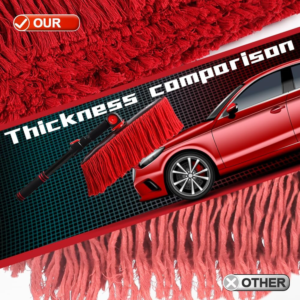 Car Duster Exterior with Extendable Handle, Scratch Free Auto Wash Brush Mop, Interior Detailing Kit for Truck RV Boat - 2In1-2 Heads (Chenille & Wax Cotton) with 1 Pole, Dark Red