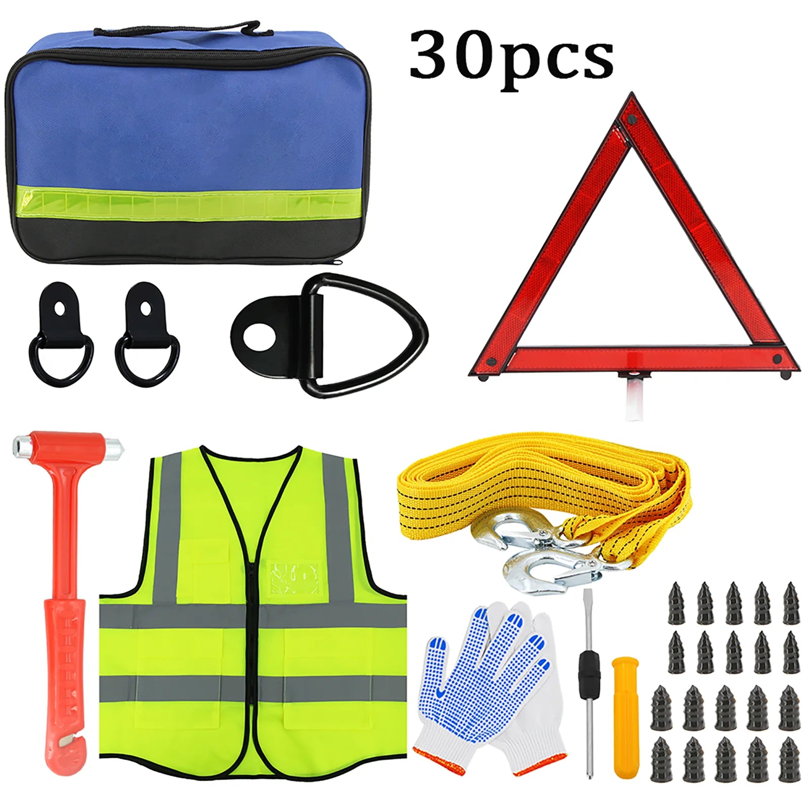 Car Emergency Roadside Assistance Kit Jumper Cable Tow Strap First Aid Supplies Multipurpose Pack Motorist Self-Defense Tool