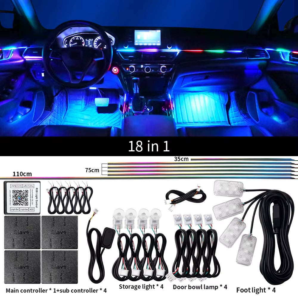 Universal LED Ambient Light Car Interior Symphony Fullcolor Streamer RGB 64Color Hidden Acrylic Strip Decoration Atmosphere Lamp