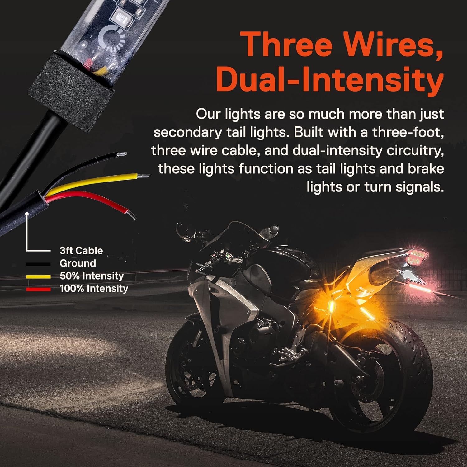True Mods 2Pc 5" Amber LED Motorcycle Running & Turn Signal Tail Light Strip Kit [Waterproof] [Single Row] [50% DRL] [100% Blinker] Self Adhesive Surface Mount Flexible Front Fork Lamp for ATV Bike
