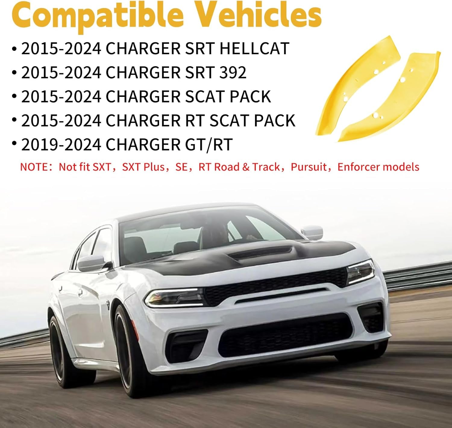 Dodge Charger Front Bumper Lip Splitter Protector Guard for 2015-2023 | Yellow Spoiler Lip Compatible with Charger SRT 392, Scat Pack, RT, GT