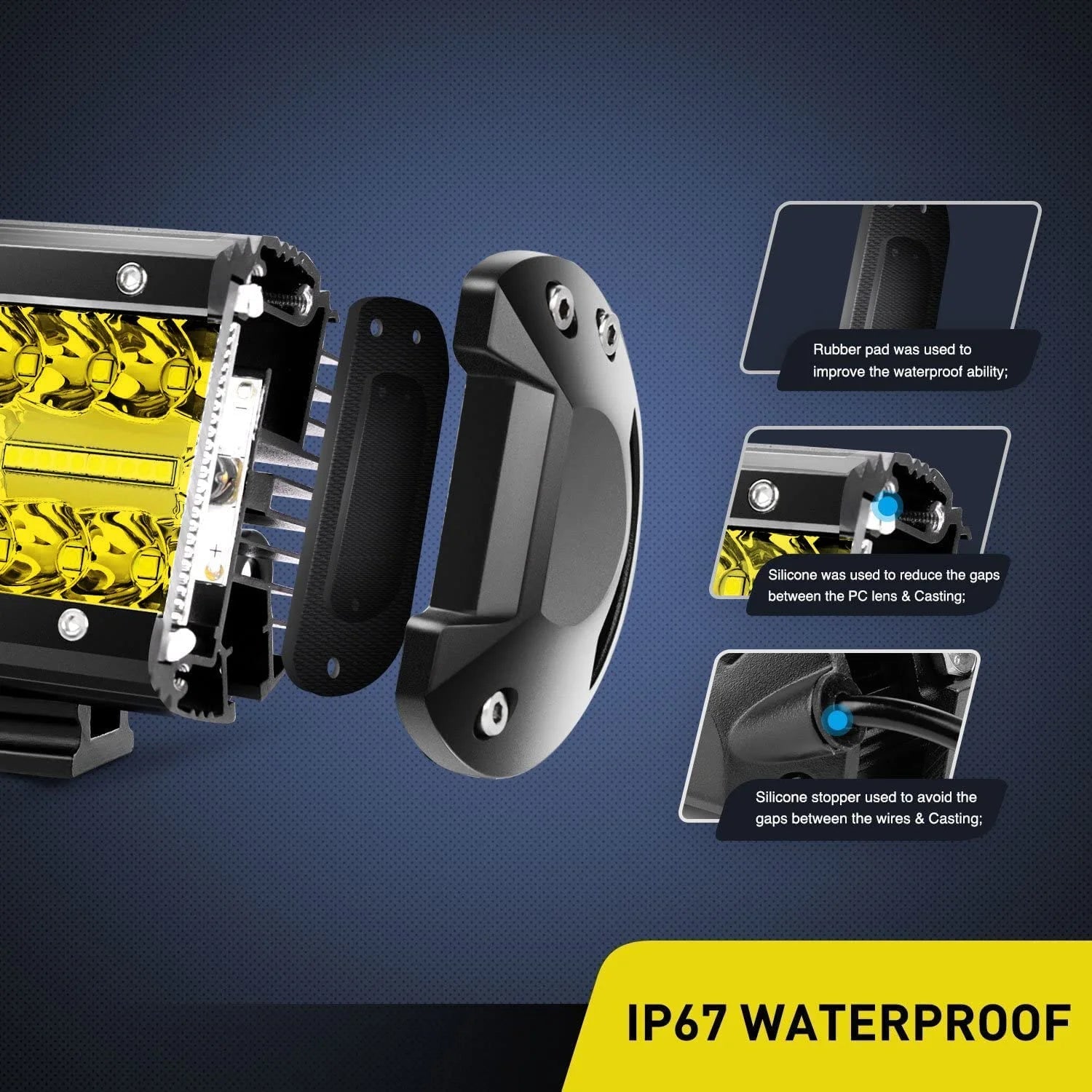 2Pcs 4Inch Yellow Led Pods Triple Row 60W Flood Spot Combo Driving Fog Lights with 16AWG Switch Wiring Harness Kit-2 Leads for Offroad Pickup Trucks ATV UTV SUV