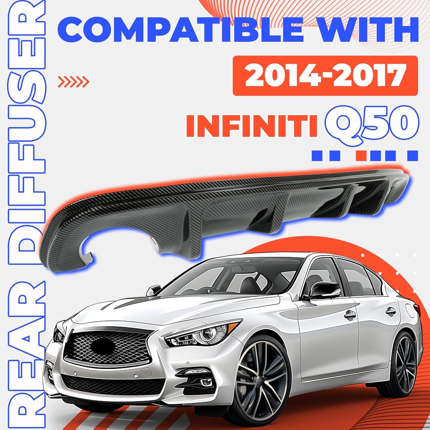 Rear Diffuser Compatible with 2014-2017 Infiniti Q50 Bumper Lip Spoiler Splitter Carbon Fiber Color Plastic
