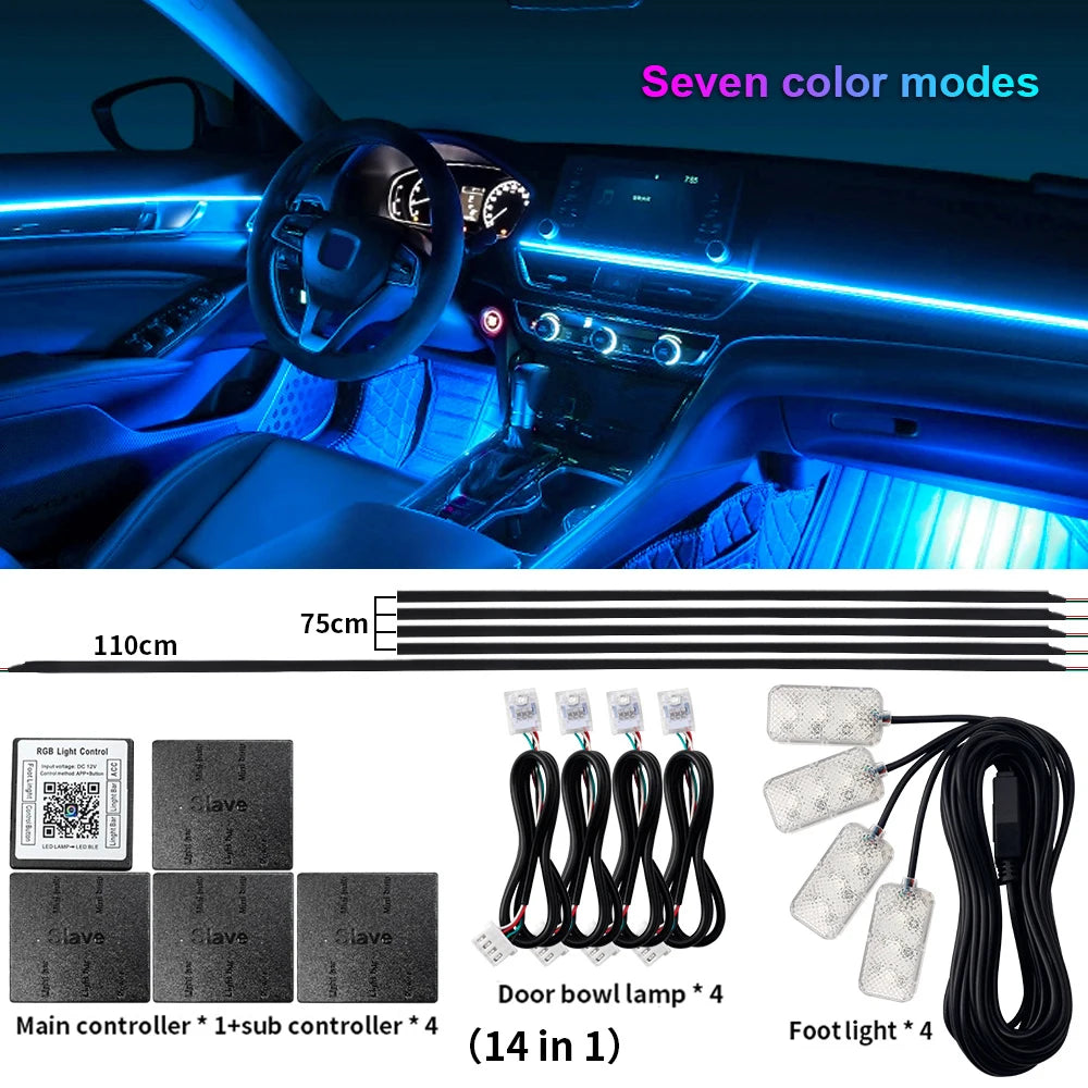 Universal LED Ambient Light Car Interior Symphony Fullcolor Streamer RGB 64Color Hidden Acrylic Strip Decoration Atmosphere Lamp