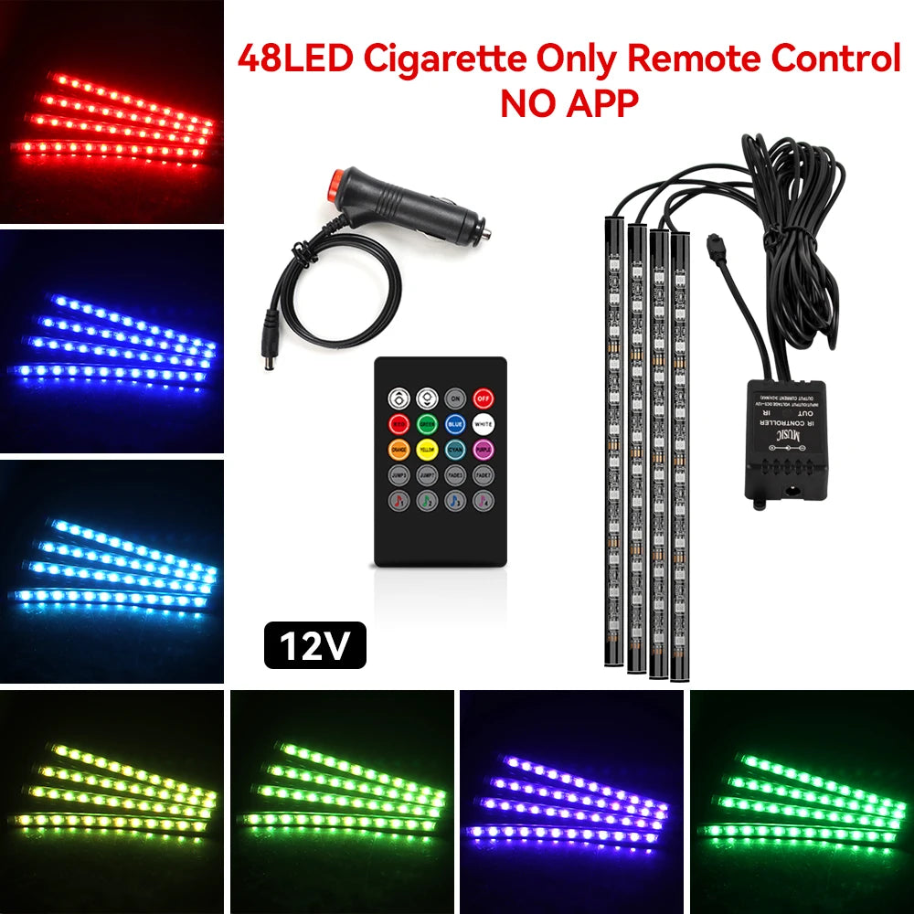 Neon 36 48 72 LED Car Interior Ambient Foot Light Kit Backlight Remote App Music Control Auto RGB Atmosphere Decorative Lamp