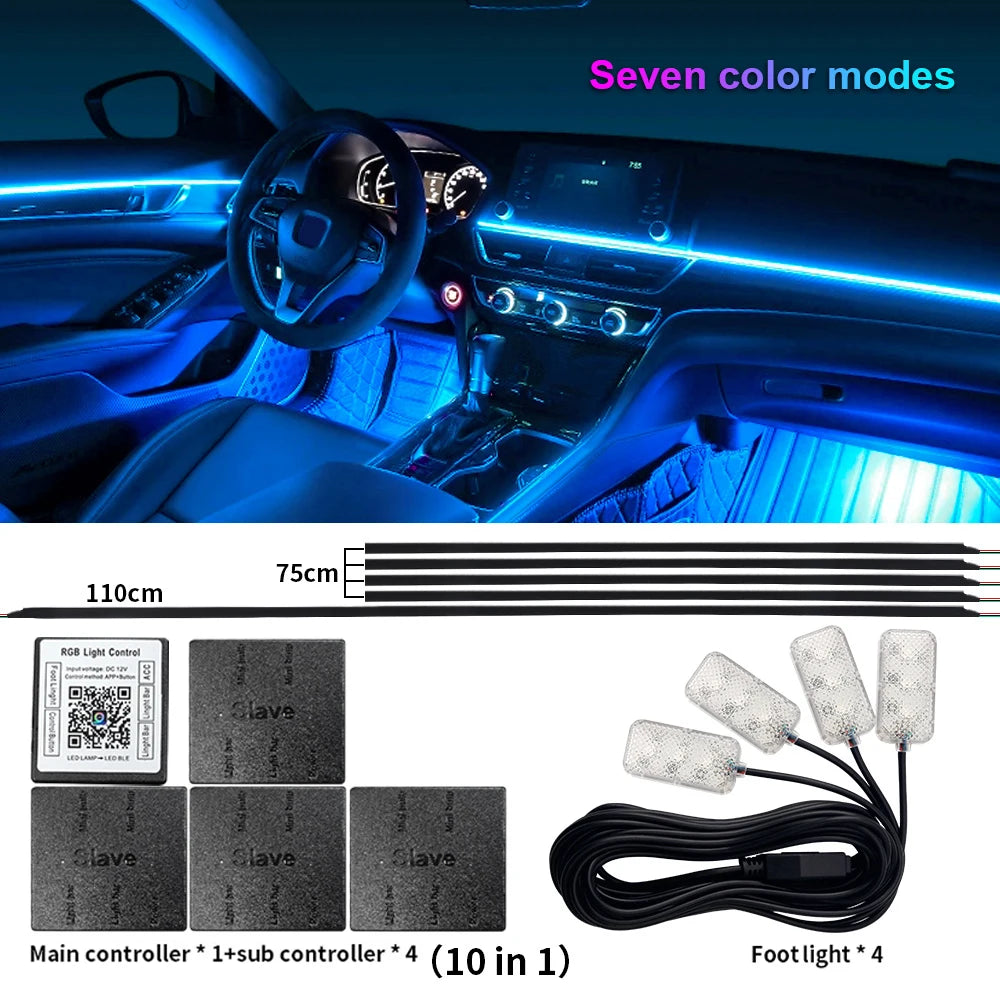 Universal LED Ambient Light Car Interior Symphony Fullcolor Streamer RGB 64Color Hidden Acrylic Strip Decoration Atmosphere Lamp