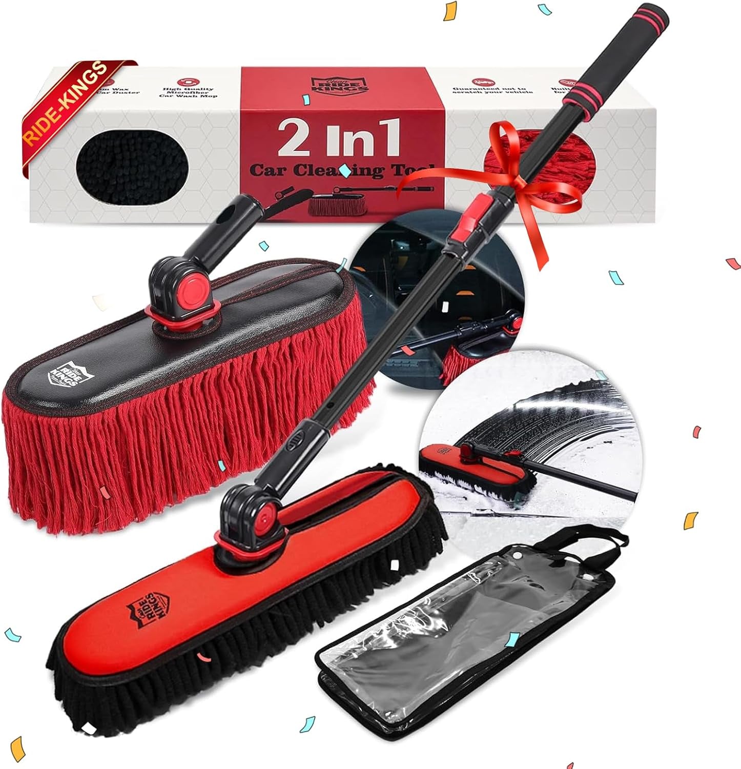 Car Duster Exterior with Extendable Handle, Scratch Free Auto Wash Brush Mop, Interior Detailing Kit for Truck RV Boat - 2In1-2 Heads (Chenille & Wax Cotton) with 1 Pole, Dark Red
