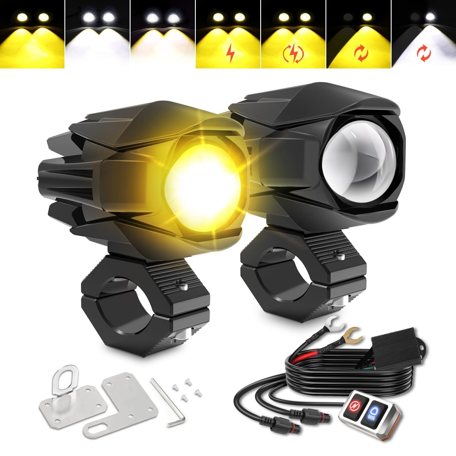 LED Motorcycle Fog Lights 60W 18000LM Driving Auxiliary Lights 7 Modes Amber ...