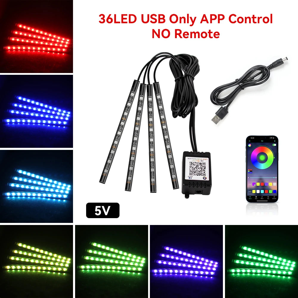 Neon 36 48 72 LED Car Interior Ambient Foot Light Kit Backlight Remote App Music Control Auto RGB Atmosphere Decorative Lamp