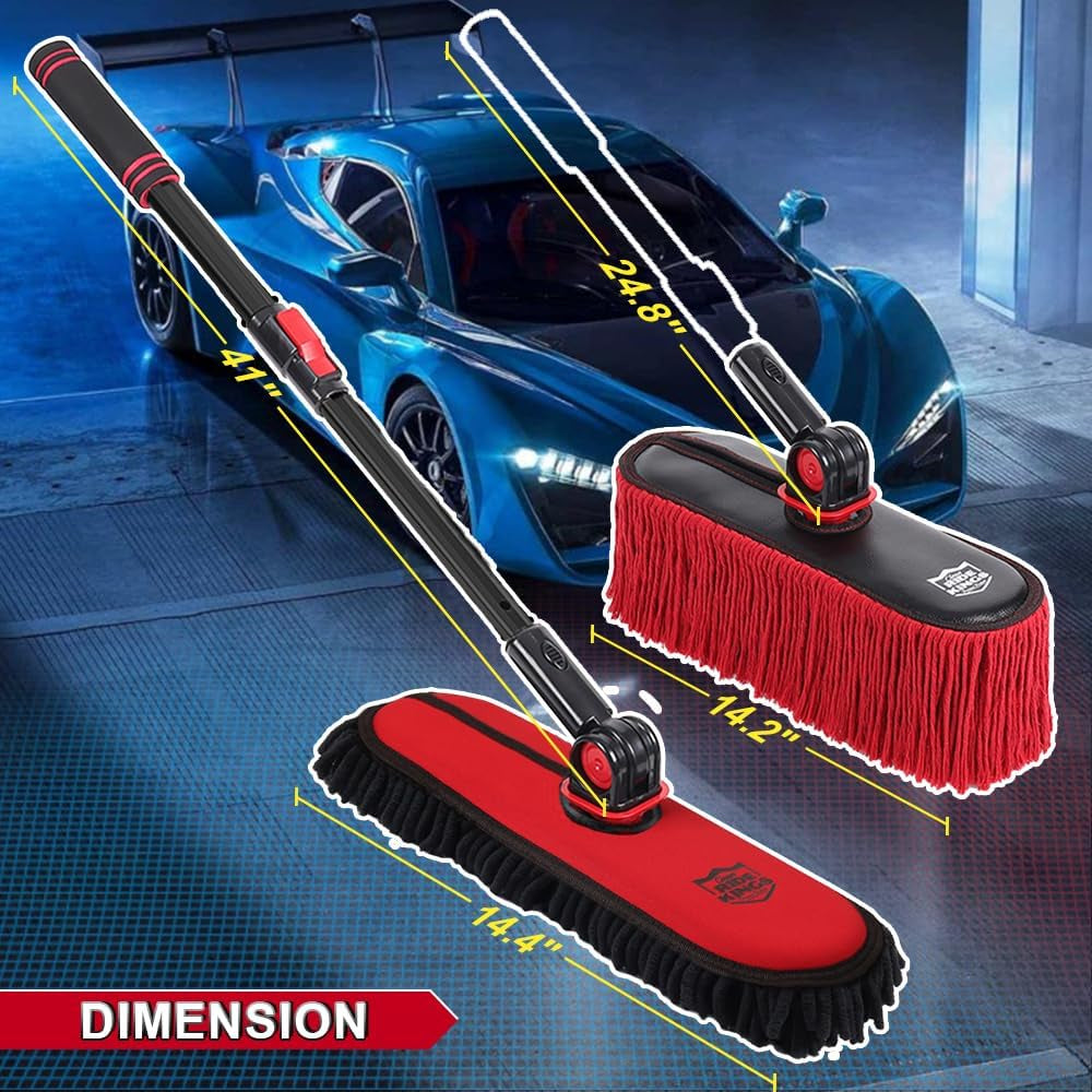 Car Duster Exterior with Extendable Handle, Scratch Free Auto Wash Brush Mop, Interior Detailing Kit for Truck RV Boat - 2In1-2 Heads (Chenille & Wax Cotton) with 1 Pole, Dark Red