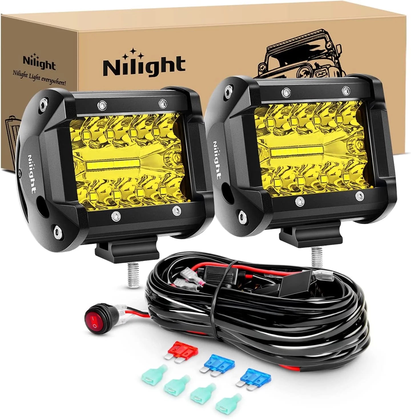 2Pcs 4Inch Yellow Led Pods Triple Row 60W Flood Spot Combo Driving Fog Lights with 16AWG Switch Wiring Harness Kit-2 Leads for Offroad Pickup Trucks ATV UTV SUV