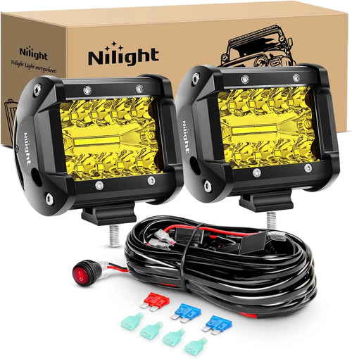 2Pcs 4Inch Yellow Led Pods Triple Row 60W Flood Spot Combo Driving Fog Lights with 16AWG Switch Wiring Harness Kit-2 Leads for Offroad Pickup Trucks ATV UTV SUV