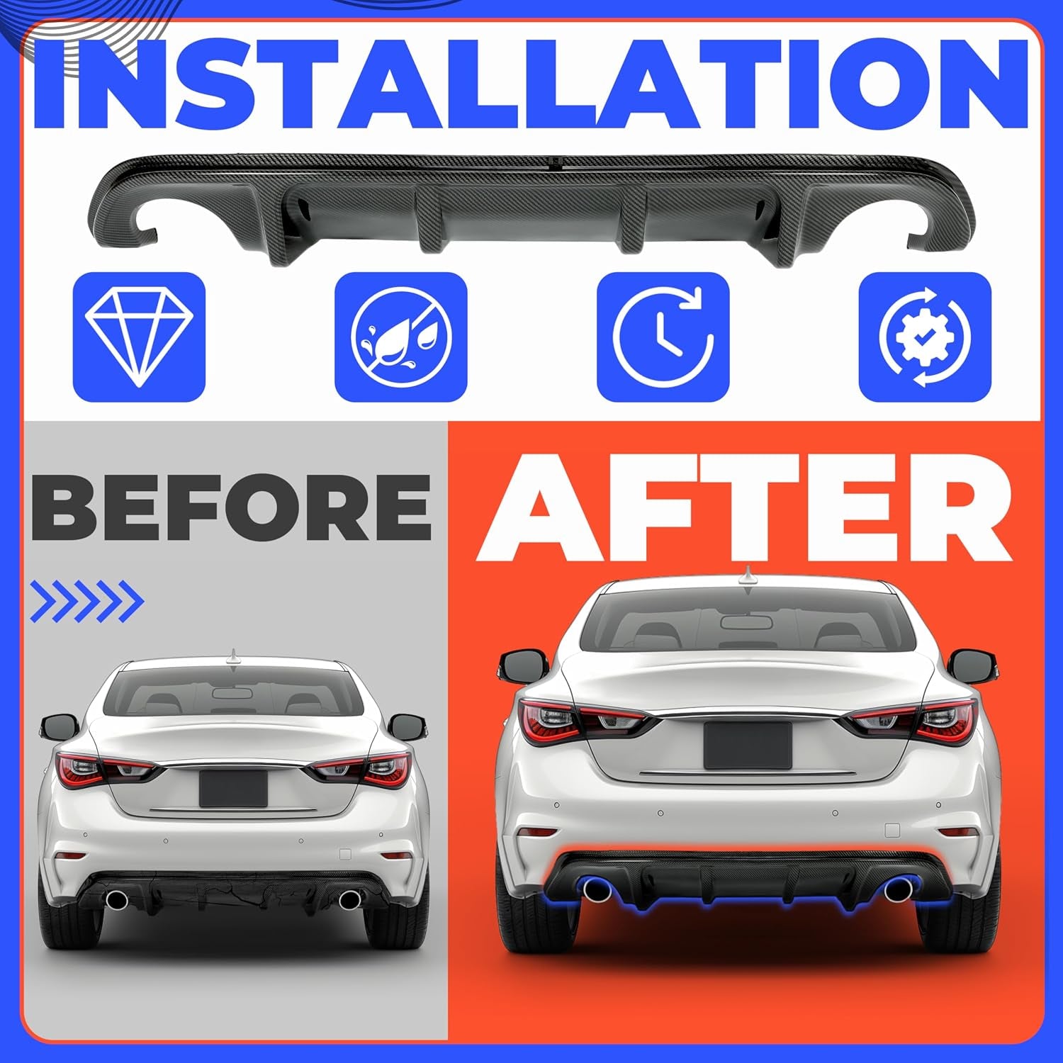 Rear Diffuser Compatible with 2014-2017 Infiniti Q50 Bumper Lip Spoiler Splitter Carbon Fiber Color Plastic
