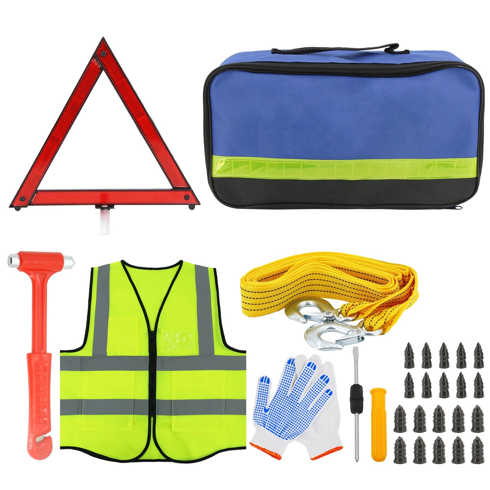 Car Emergency Roadside Assistance Kit Jumper Cable Tow Strap First Aid Supplies Multipurpose Pack Motorist Self-Defense Tool