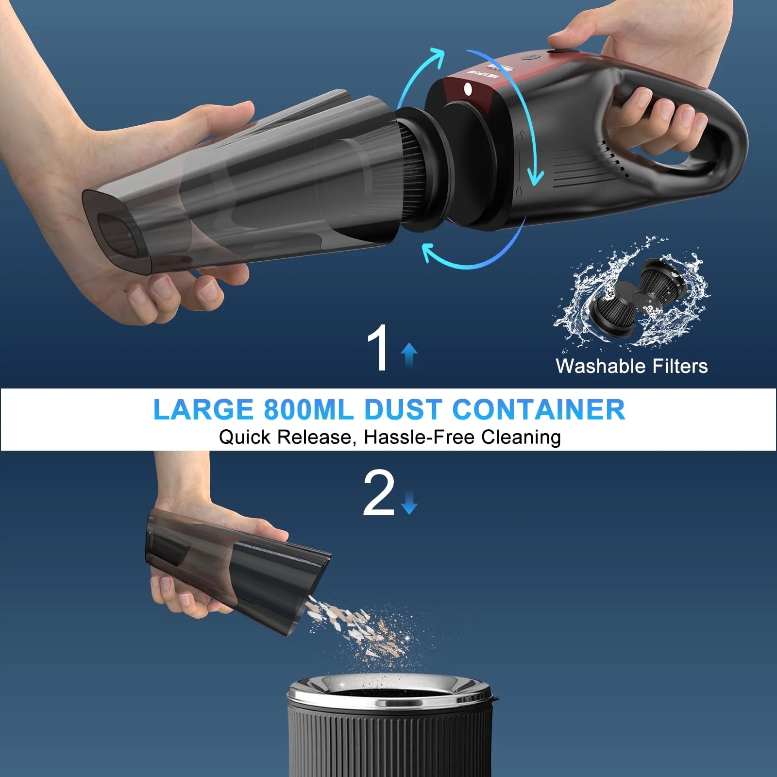Car Vacuum Cleaner,10000Pa Rechargeable Cordless Handheld Vacuum with 800Ml Dust Cup & LED Light, Handheld Vacuum Cleaner for Car, Home and More