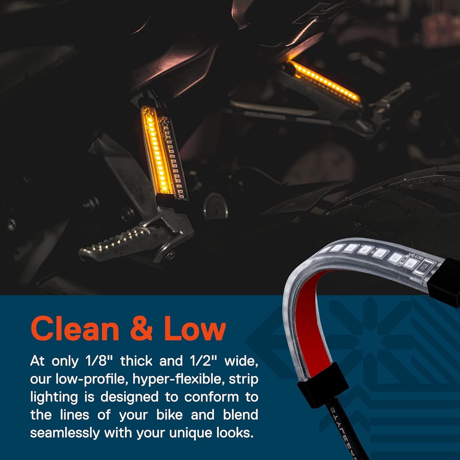 True Mods 2Pc 5" Amber LED Motorcycle Running & Turn Signal Tail Light Strip Kit [Waterproof] [Single Row] [50% DRL] [100% Blinker] Self Adhesive Surface Mount Flexible Front Fork Lamp for ATV Bike