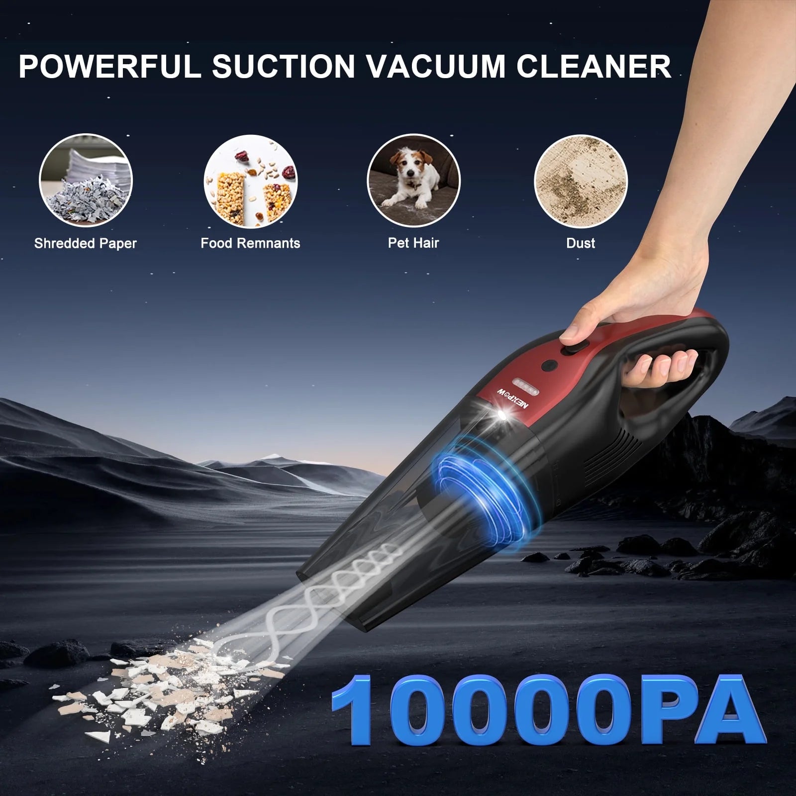 Car Vacuum Cleaner,10000Pa Rechargeable Cordless Handheld Vacuum with 800Ml Dust Cup & LED Light, Handheld Vacuum Cleaner for Car, Home and More