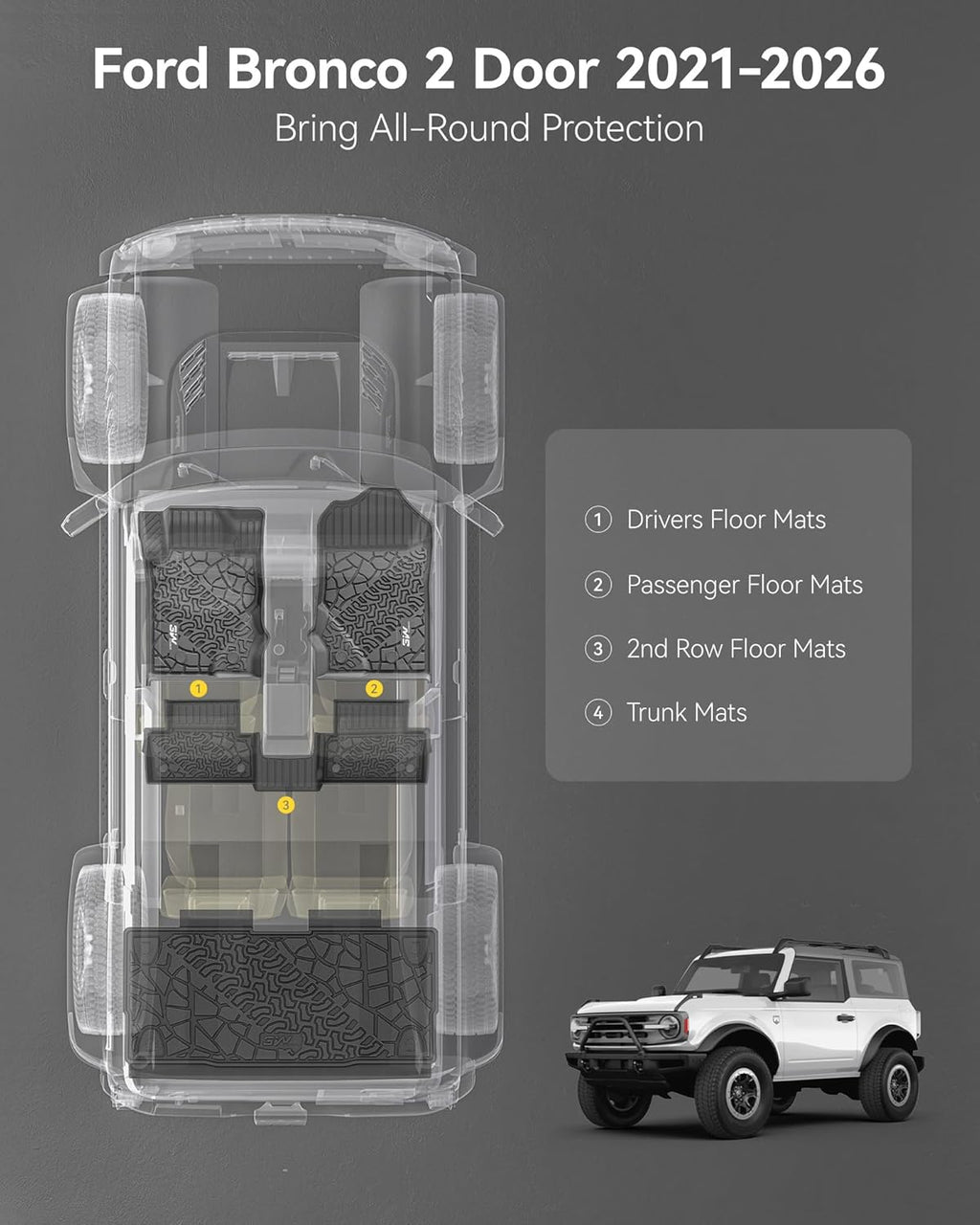 Floor Mats Fit for Ford Bronco Sport 2021-2025 2026 All Weather TPE Car Accessories Custom Fit Full Set Ford Bronco Sport Car Mats (Not for Bronco & Rubberized Floor & Outer Banks)