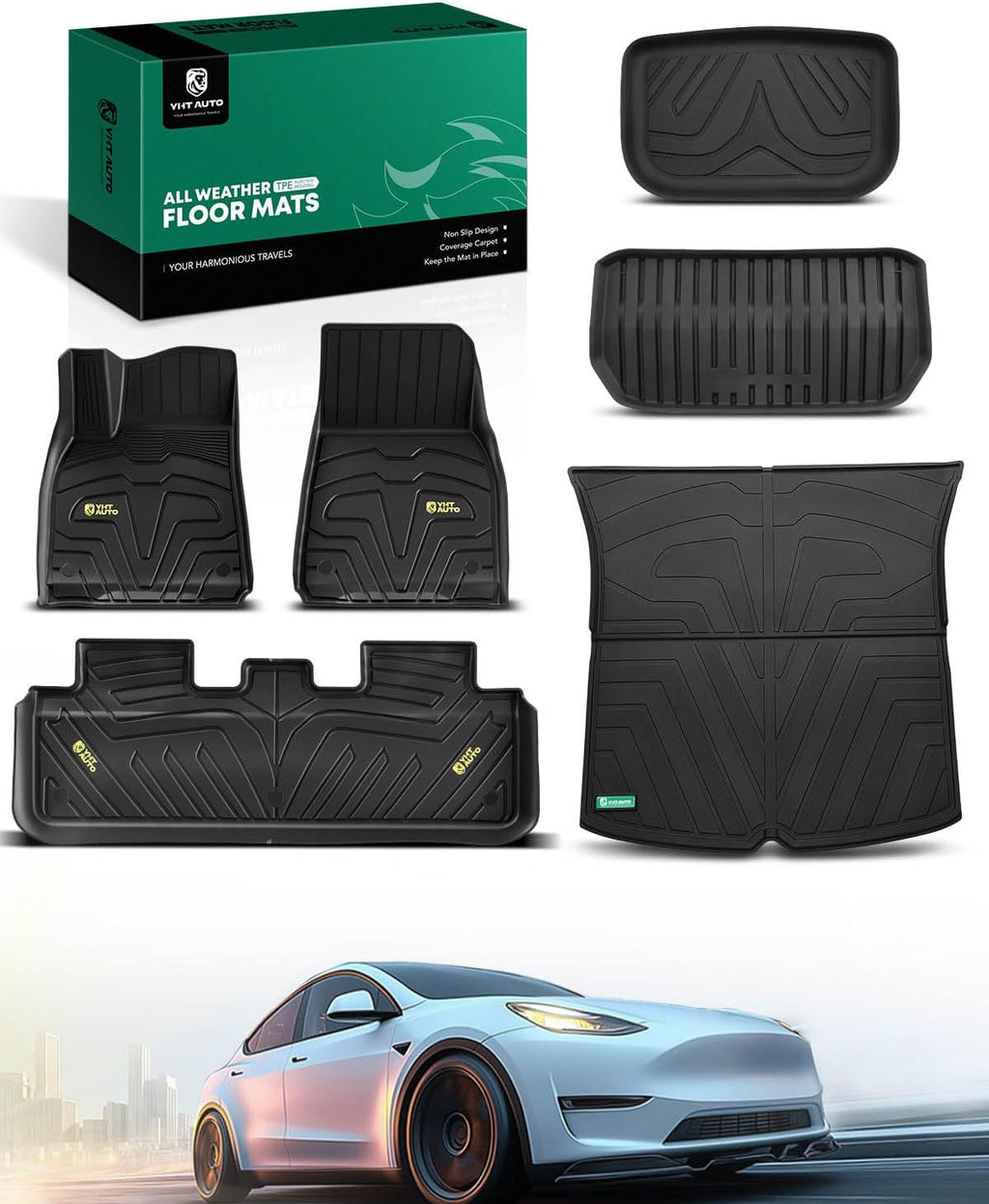 for Tesla Model Y 2025 2024 2023 2022 2021 2020 Floor Mats & Cargo Liners, (5-Seat, NOT Fit Model Y Juniper), All Weather Car Mats, 1St & 2Nd Row & Frunk Rear Trunk Mat, Set of 6, Black