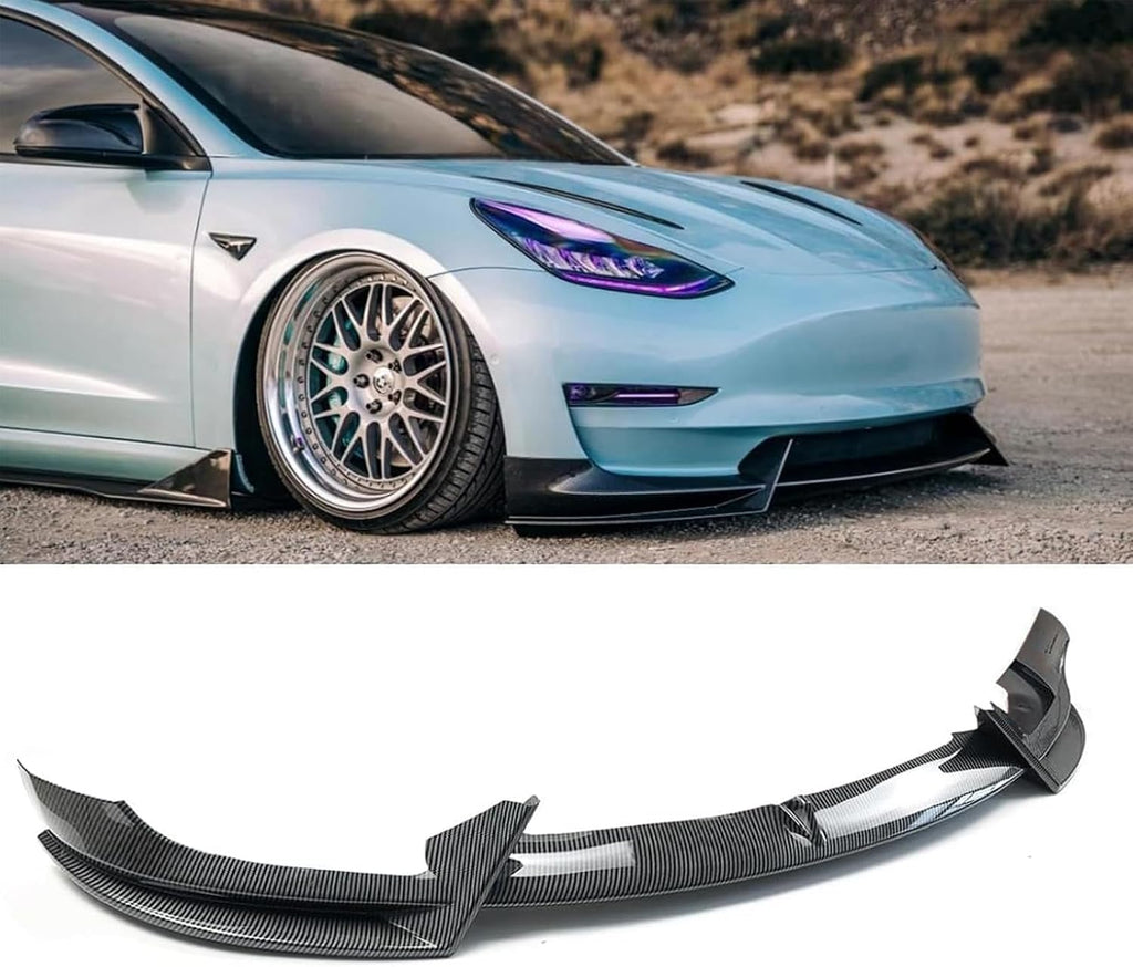 Front Lip 3Pcs Compatible with for Tesla Model 3 2017-2023 V Style Front Bumper Lip Splitter Spoiler (Carbon Fiber Print)