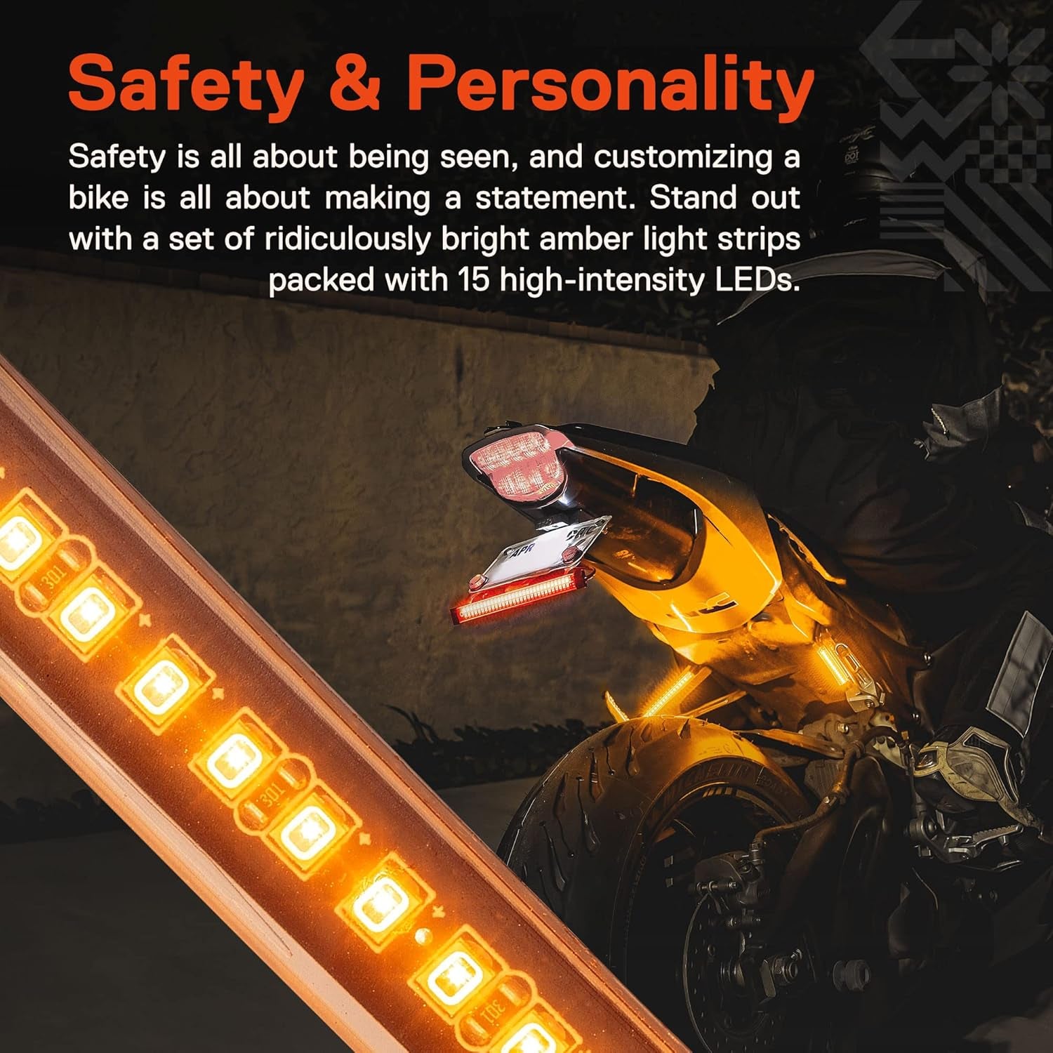 True Mods 2Pc 5" Amber LED Motorcycle Running & Turn Signal Tail Light Strip Kit [Waterproof] [Single Row] [50% DRL] [100% Blinker] Self Adhesive Surface Mount Flexible Front Fork Lamp for ATV Bike