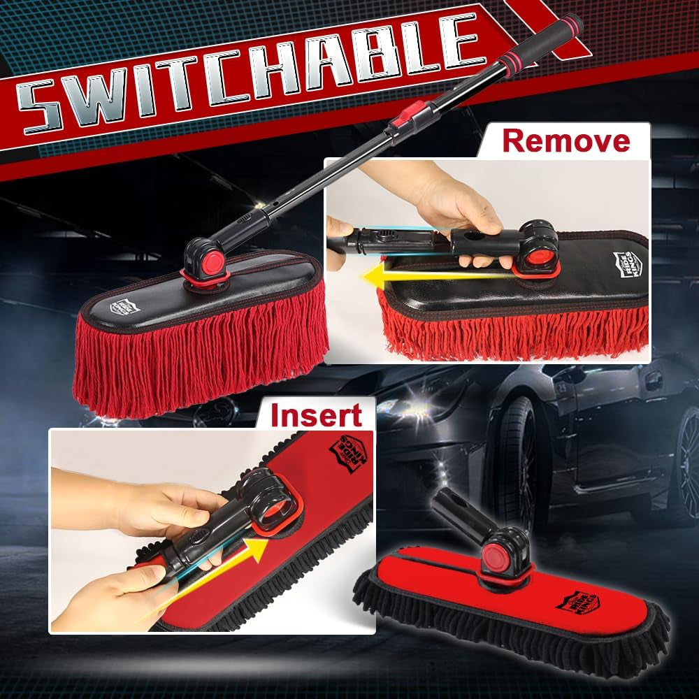 Car Duster Exterior with Extendable Handle, Scratch Free Auto Wash Brush Mop, Interior Detailing Kit for Truck RV Boat - 2In1-2 Heads (Chenille & Wax Cotton) with 1 Pole, Dark Red