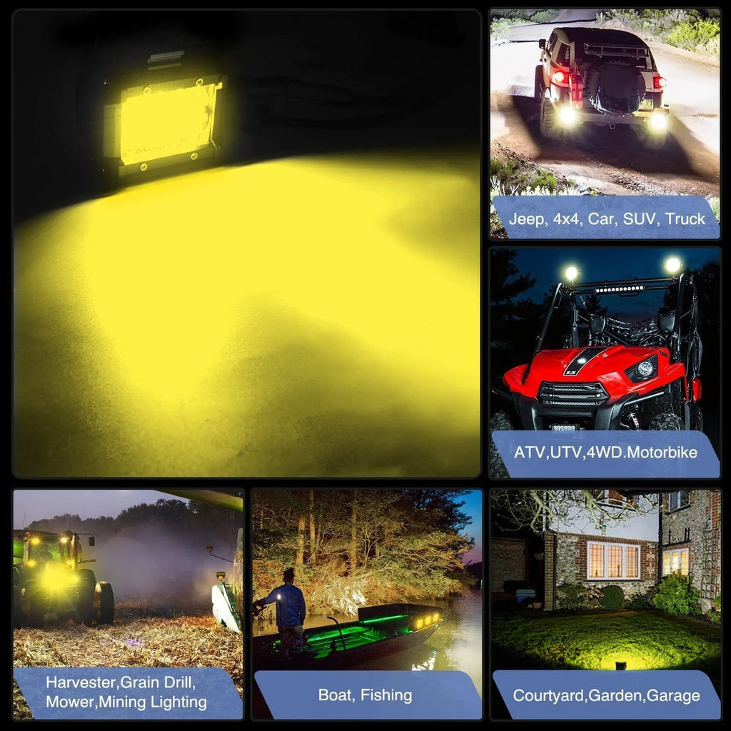 2Pcs 4Inch Yellow Led Pods Triple Row 60W Flood Spot Combo Driving Fog Lights with 16AWG Switch Wiring Harness Kit-2 Leads for Offroad Pickup Trucks ATV UTV SUV