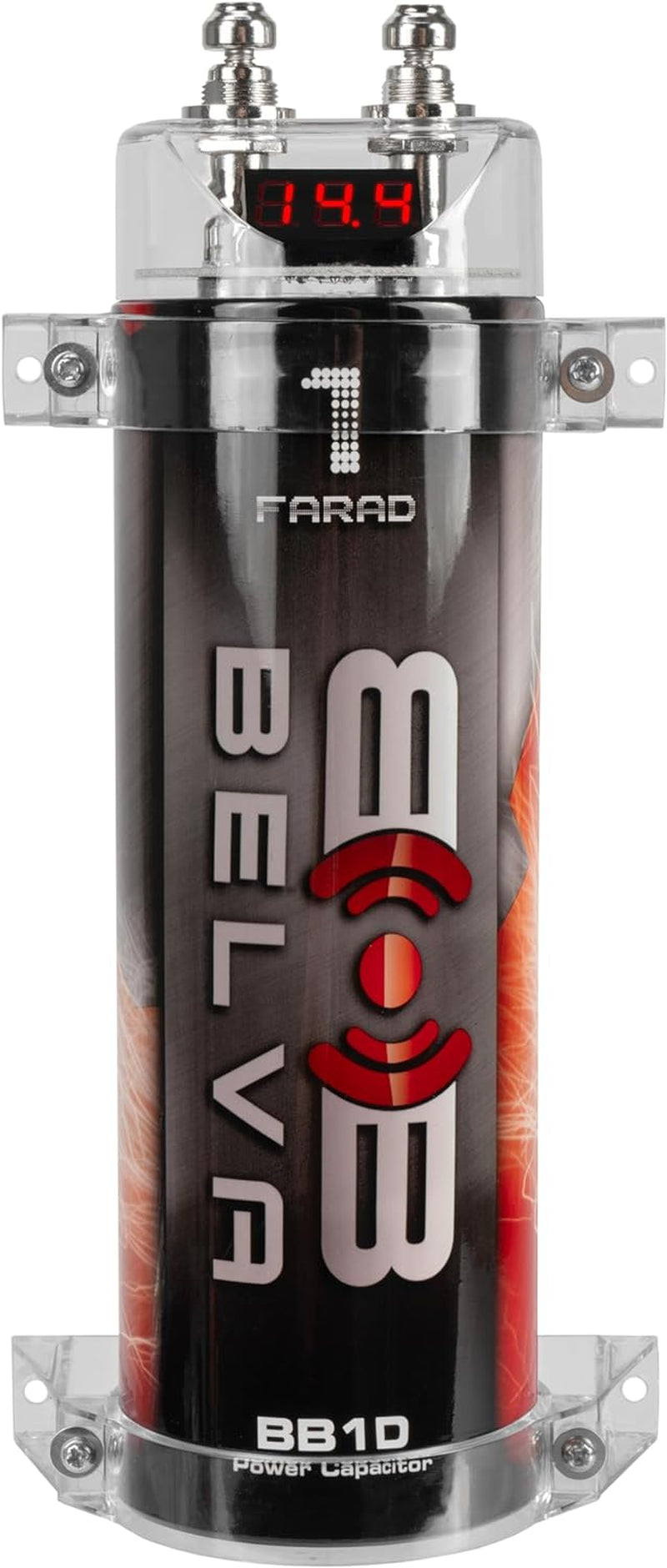 BB1D 1.0 Farad Car Audio Power Capacitor with Red Digital Voltage Display, Audible Warning Indicators, Clear Mounting Brackets, Automatic Shutoff Protection for Systems up to 1000W
