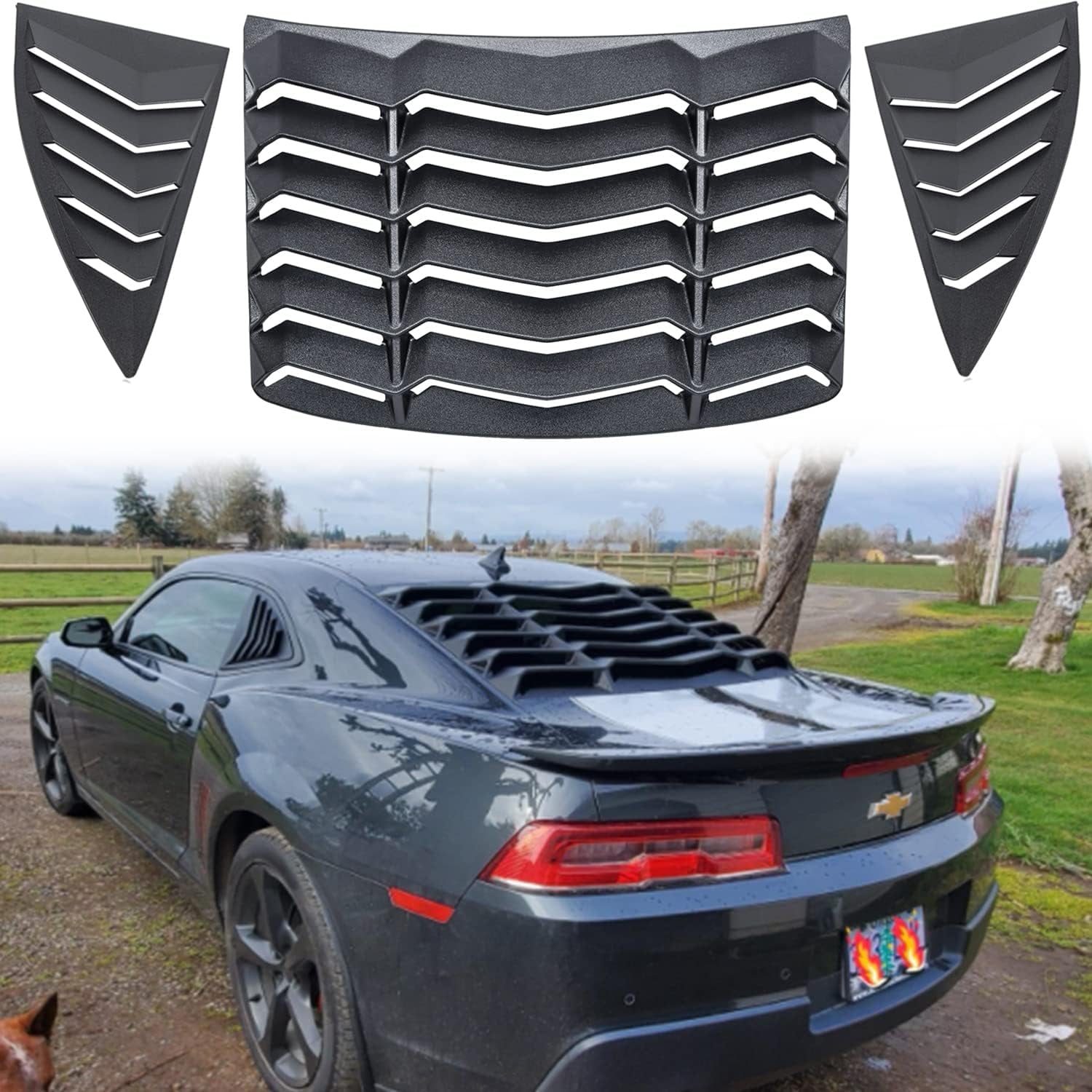Rear and Side Window Louver Fits for Chevrolet Chevy Camaro LS LT SS 2010 2011 2012 2013 2014 2015 Matte Black Windshield Scoop Louvers Sun Shade Cover in GT Lambo Style,Camaro Accessories
