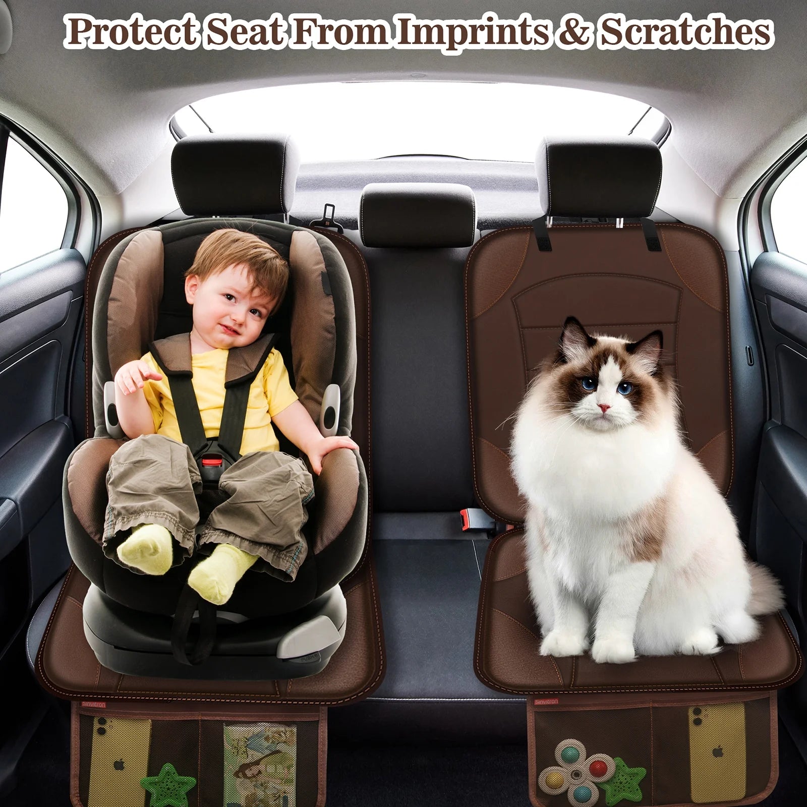 Car Seat Protector for Car Seat - Waterproof Non-Slip Leather Mat with 2 Mesh Pockets, Universal Seat Cover for Baby, Pets & Vehicles(2-Pack, Brown)