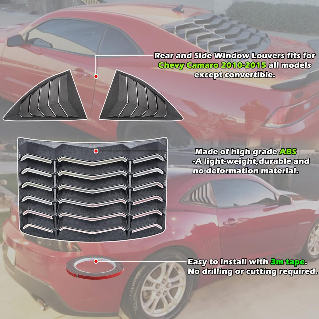 Rear and Side Window Louver Fits for Chevrolet Chevy Camaro LS LT SS 2010 2011 2012 2013 2014 2015 Matte Black Windshield Scoop Louvers Sun Shade Cover in GT Lambo Style,Camaro Accessories