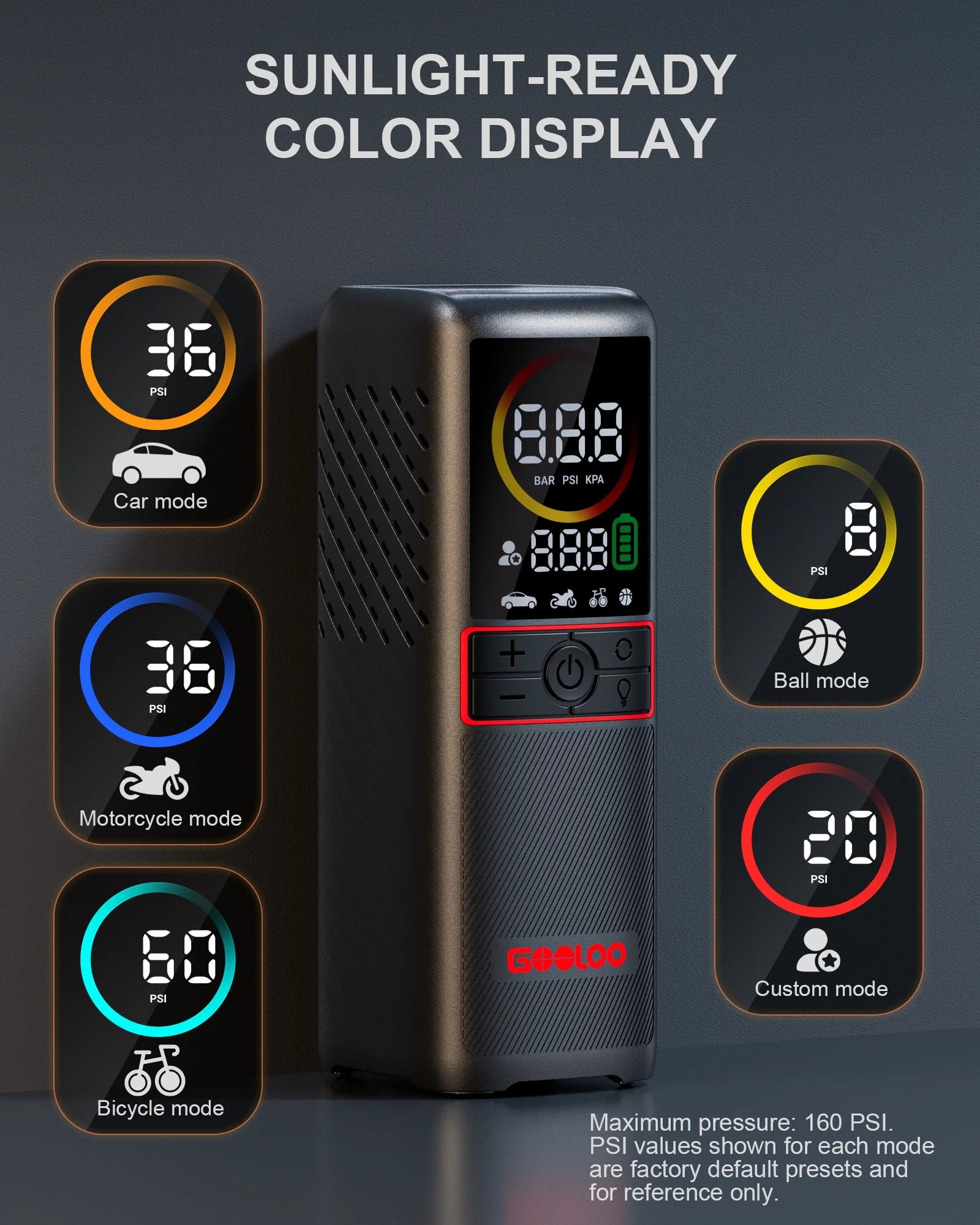 160 PSI Portable Tire Inflator Air Compressor 7500Mah Battery Cordless Air Pump for Car Tires Auto-Shutoff W/ LED Digital Pressure,  GT160 Tire Pump for Bikes,Balls,Motorcycles,Bicycle
