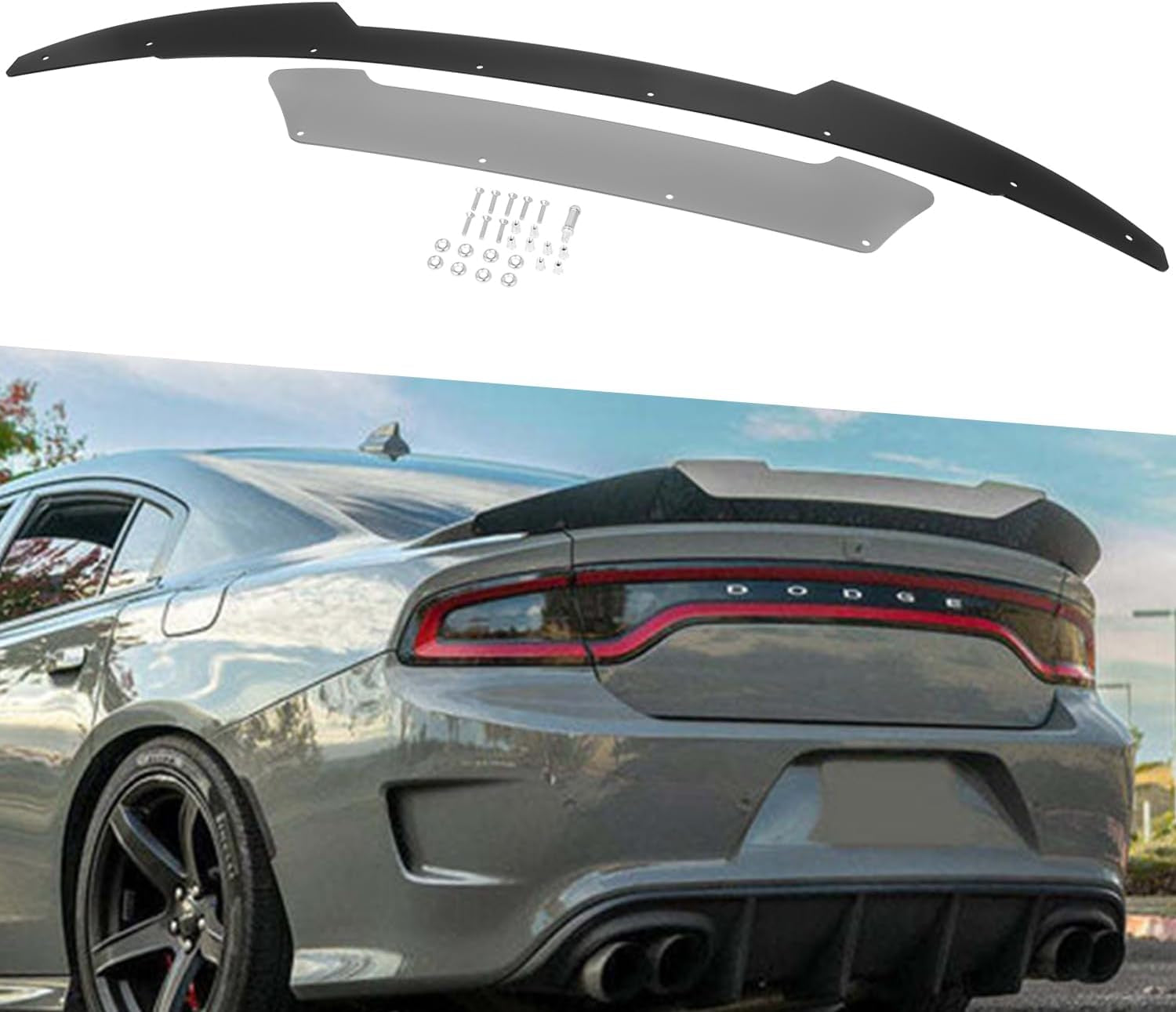 Venom V2 Rear Wickerbill Spoiler for Dodge Charger 2015-2024 SRT Scat Pack Hellcat Daytona -2 Pieces Add-On Style Wicker Bill Spoiler with Rivnut Tool (Gloss Black)