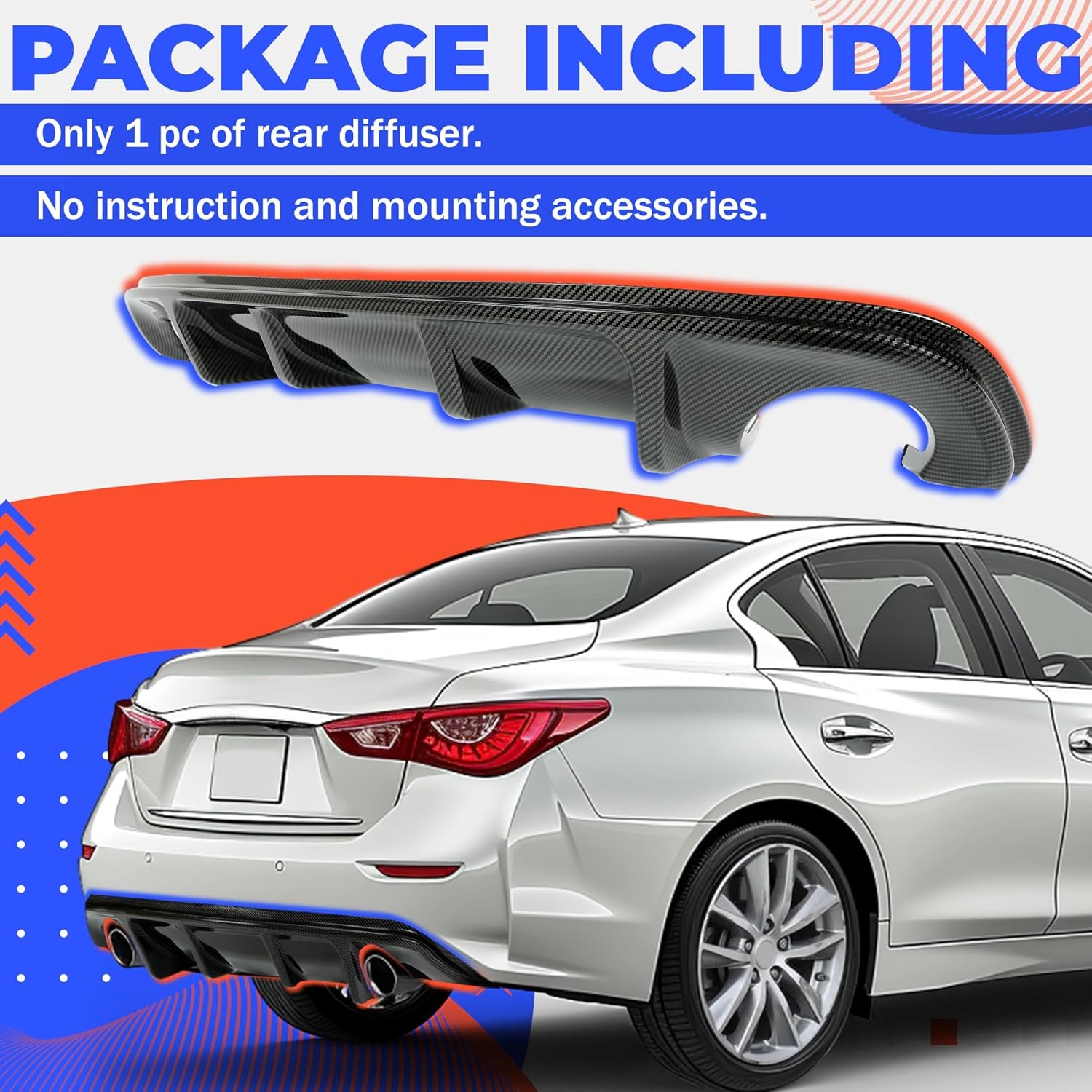 Rear Diffuser Compatible with 2014-2017 Infiniti Q50 Bumper Lip Spoiler Splitter Carbon Fiber Color Plastic
