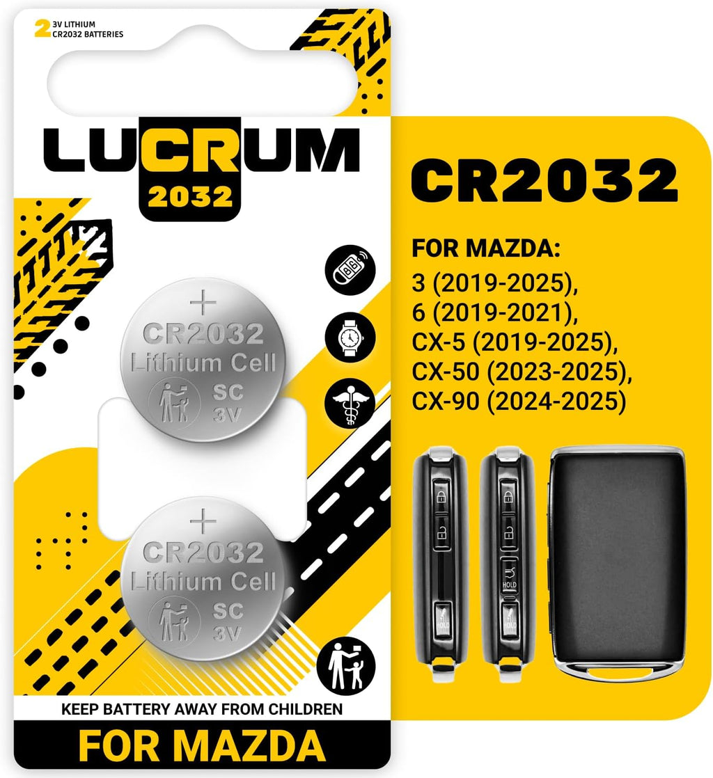Key Fob Battery Replacement for Mazda (2019-2025) 3 6 CX-5 CX-50 CX-70 CX-9 CX-90 CX-30 2Pcs CR 2032 Batteries for Car Remote Key