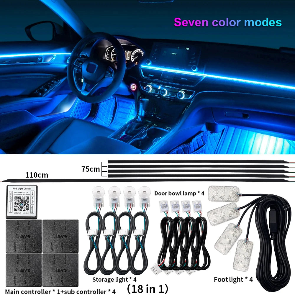 Universal LED Ambient Light Car Interior Symphony Fullcolor Streamer RGB 64Color Hidden Acrylic Strip Decoration Atmosphere Lamp