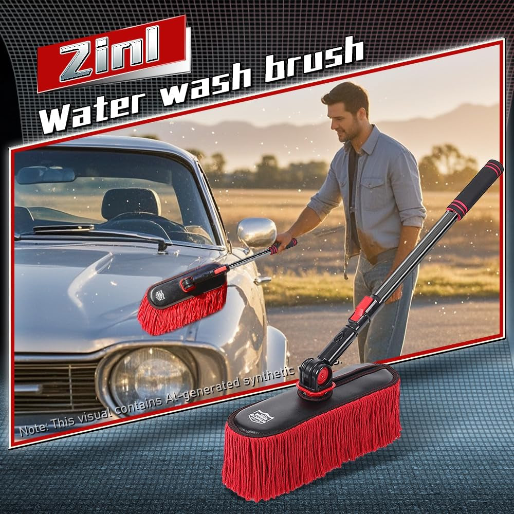 Car Duster Exterior with Extendable Handle, Scratch Free Auto Wash Brush Mop, Interior Detailing Kit for Truck RV Boat - 2In1-2 Heads (Chenille & Wax Cotton) with 1 Pole, Dark Red