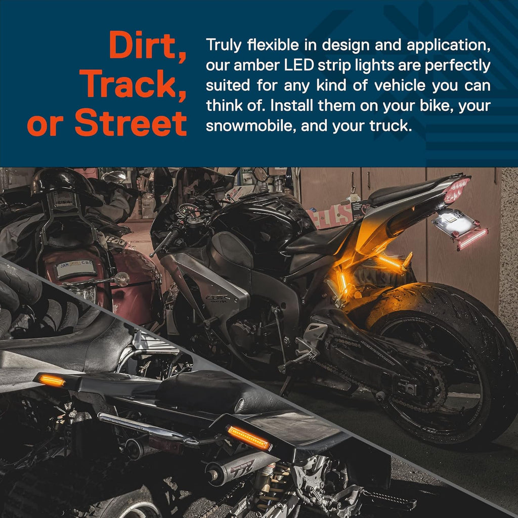 True Mods 2Pc 5" Amber LED Motorcycle Running & Turn Signal Tail Light Strip Kit [Waterproof] [Single Row] [50% DRL] [100% Blinker] Self Adhesive Surface Mount Flexible Front Fork Lamp for ATV Bike