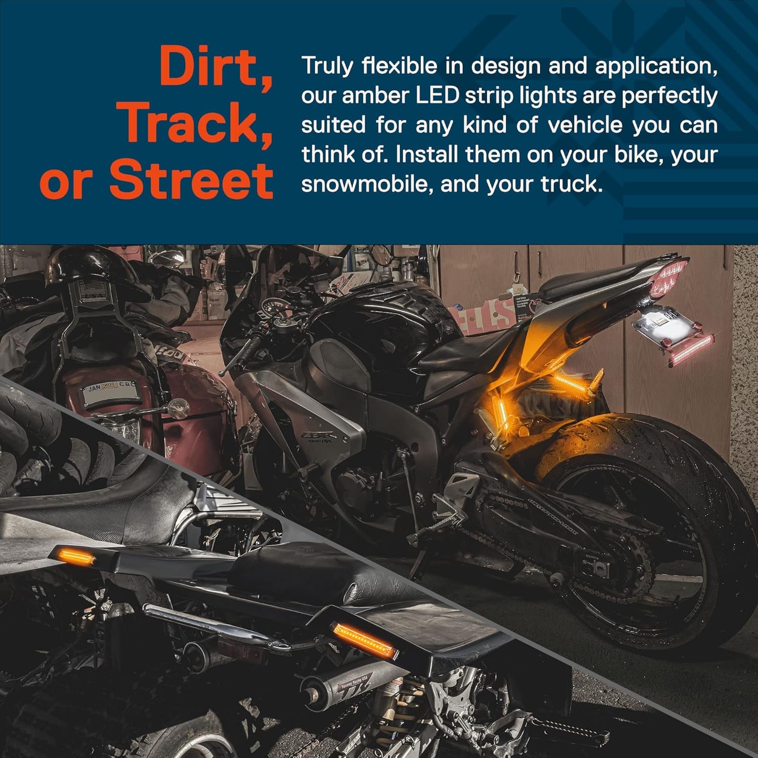 True Mods 2Pc 5" Amber LED Motorcycle Running & Turn Signal Tail Light Strip Kit [Waterproof] [Single Row] [50% DRL] [100% Blinker] Self Adhesive Surface Mount Flexible Front Fork Lamp for ATV Bike