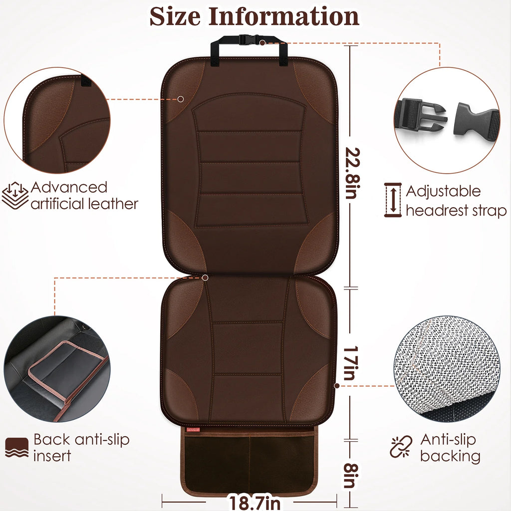 Car Seat Protector for Car Seat - Waterproof Non-Slip Leather Mat with 2 Mesh Pockets, Universal Seat Cover for Baby, Pets & Vehicles(2-Pack, Brown)