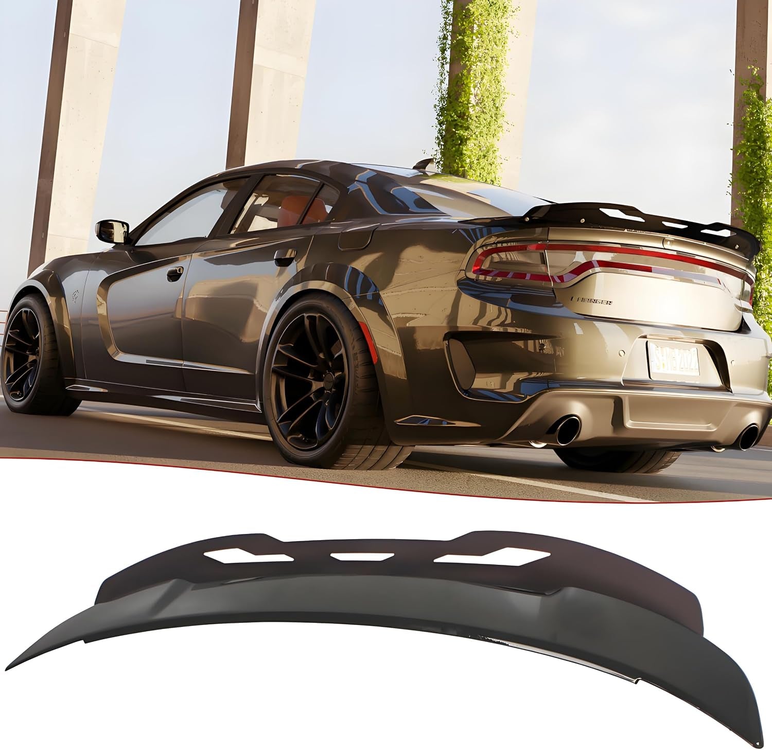STSEV01 Rear Wickerbill Spoiler Wing Fit for Dodge Charger Se/Sxt/Srt/Gt/Rt/Daytona/Scat Pack 2011-2023, Glossy Black Hellcat Style Spoiler + Smoked Wicker Bill Exterior Accessories