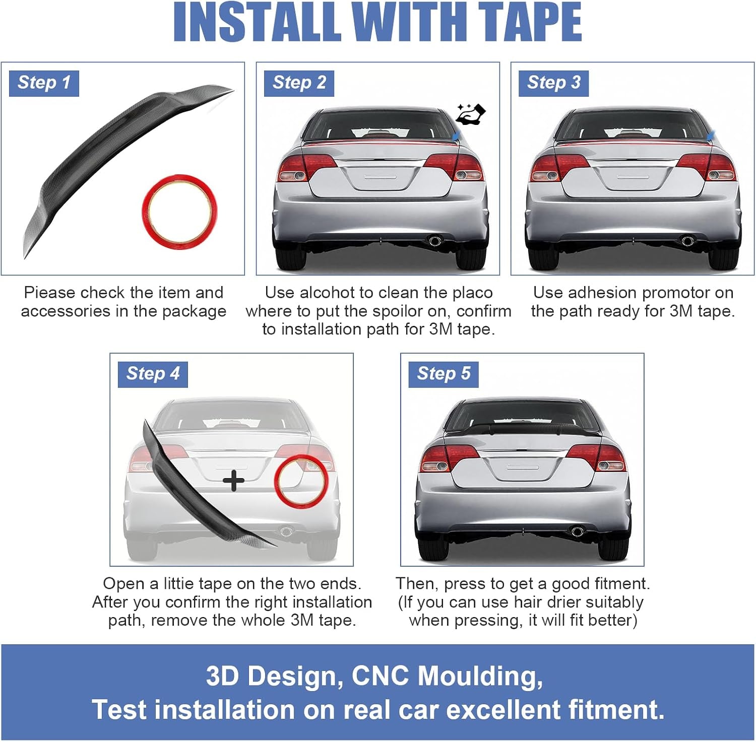 Carbon Fiber Rear Spoiler Wing Compatible with 2006-2011 8Th Gen Honda Civic Sedan, High-Kick Trunk Spoiler Wing