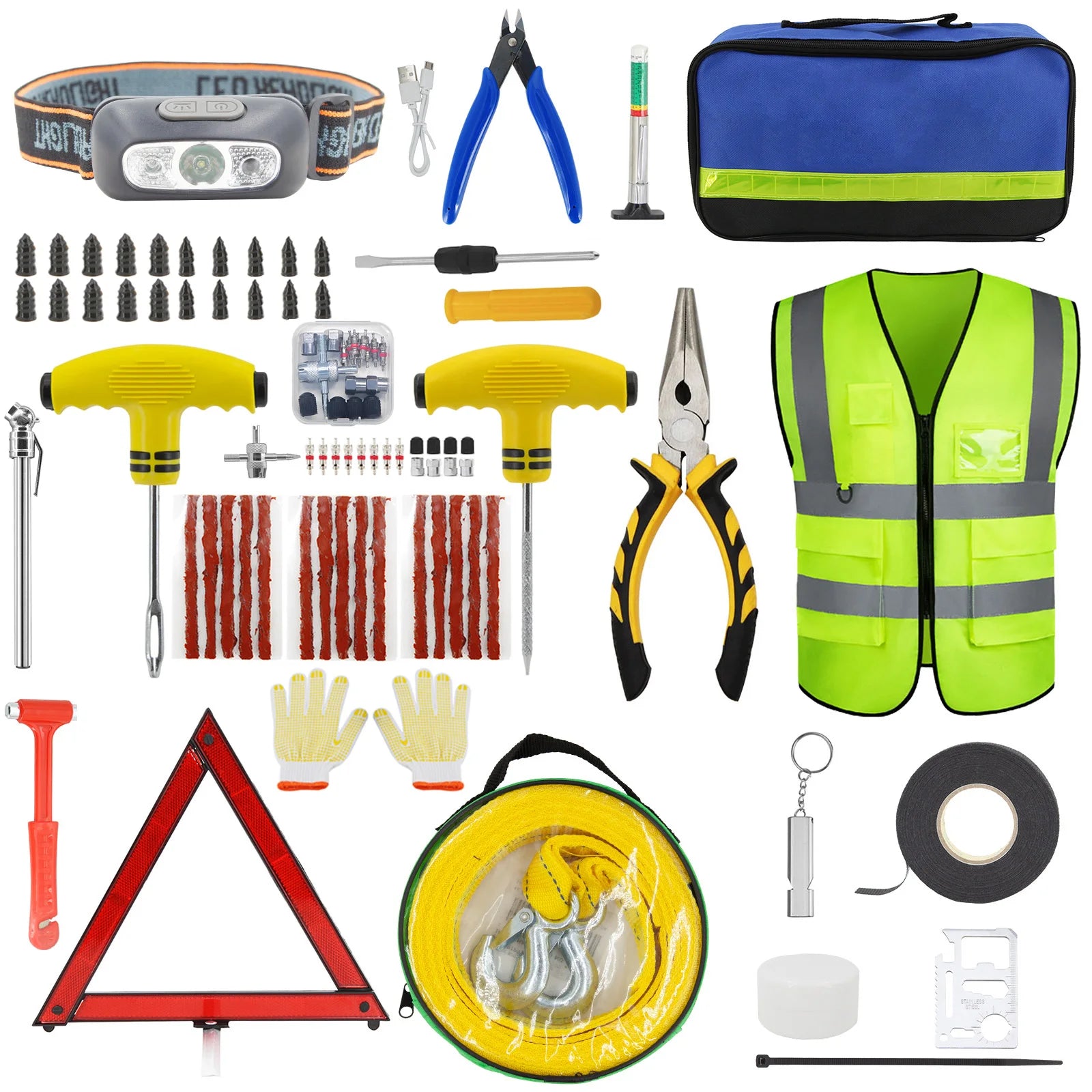 Car Emergency Roadside Assistance Kit Jumper Cable Tow Strap First Aid Supplies Multipurpose Pack Motorist Self-Defense Tool