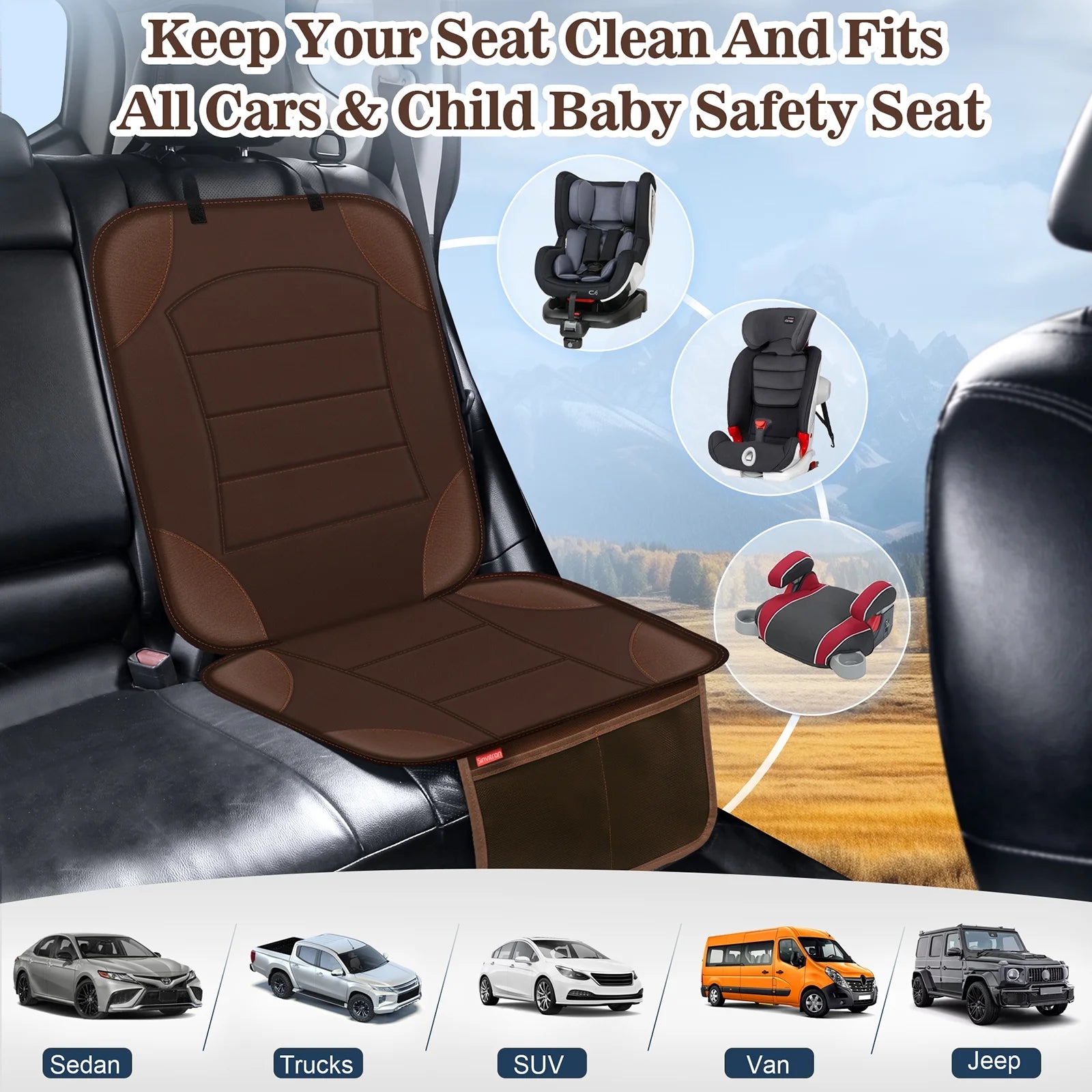 Car Seat Protector for Car Seat - Waterproof Non-Slip Leather Mat with 2 Mesh Pockets, Universal Seat Cover for Baby, Pets & Vehicles(2-Pack, Brown)