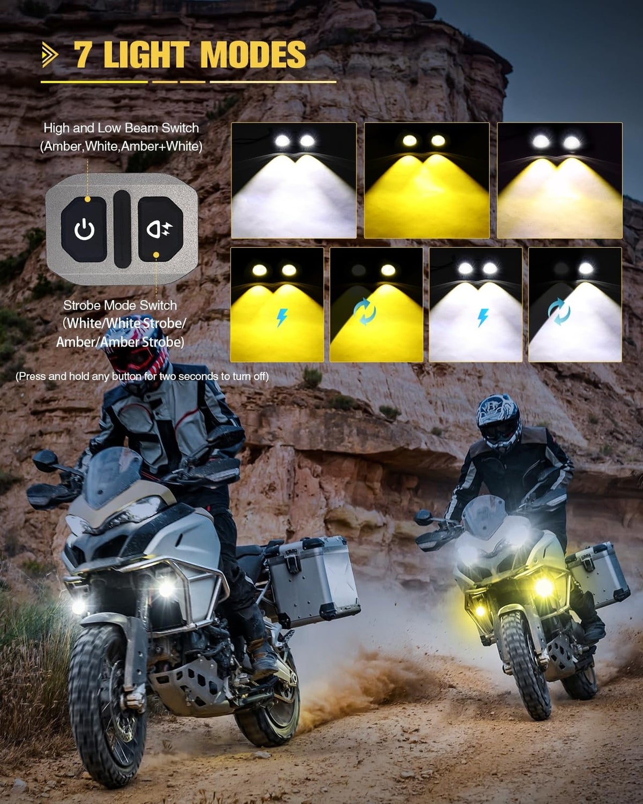 LED Motorcycle Fog Lights 60W 18000LM Driving Auxiliary Lights 7 Modes Amber ...
