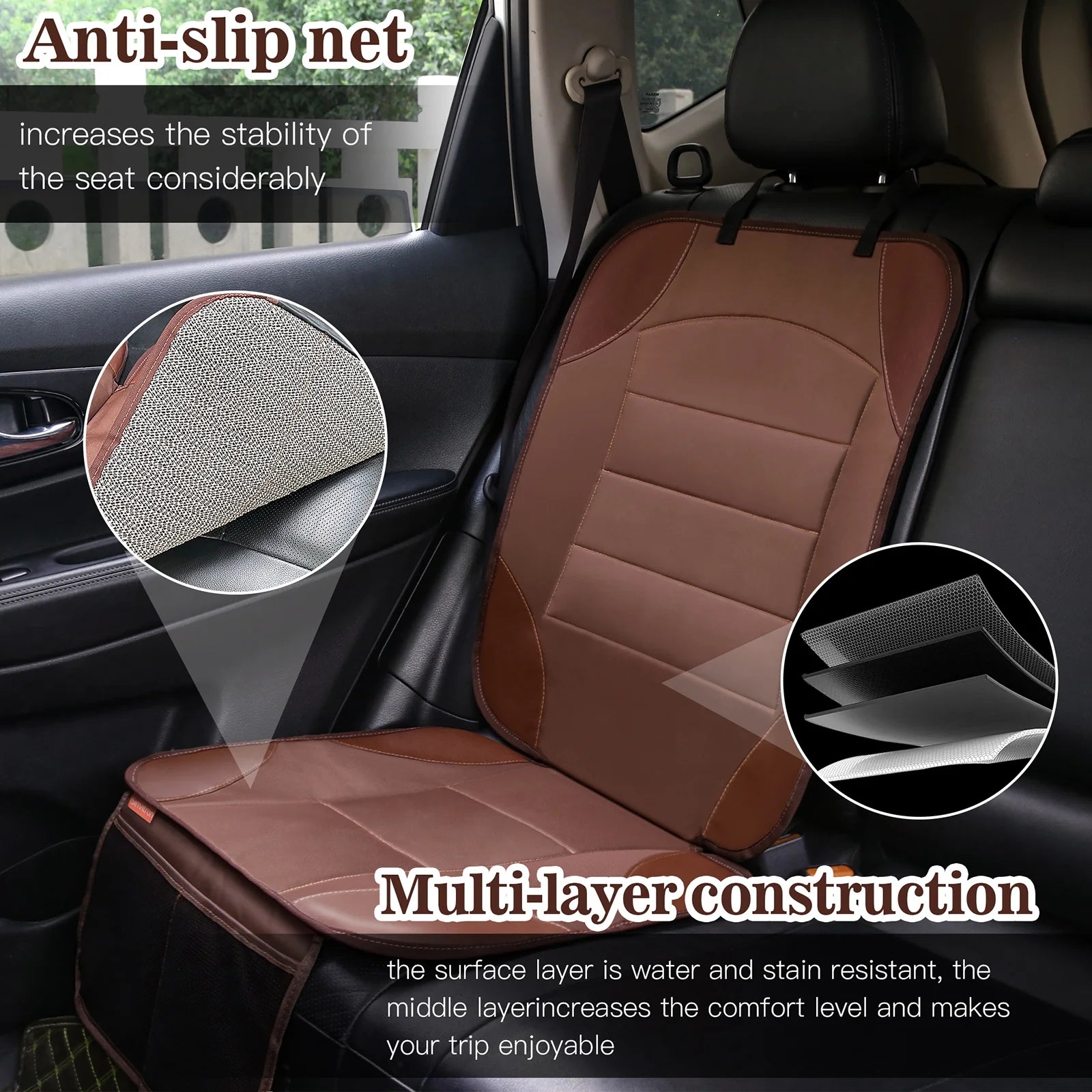 Car Seat Protector for Car Seat - Waterproof Non-Slip Leather Mat with 2 Mesh Pockets, Universal Seat Cover for Baby, Pets & Vehicles(2-Pack, Brown)